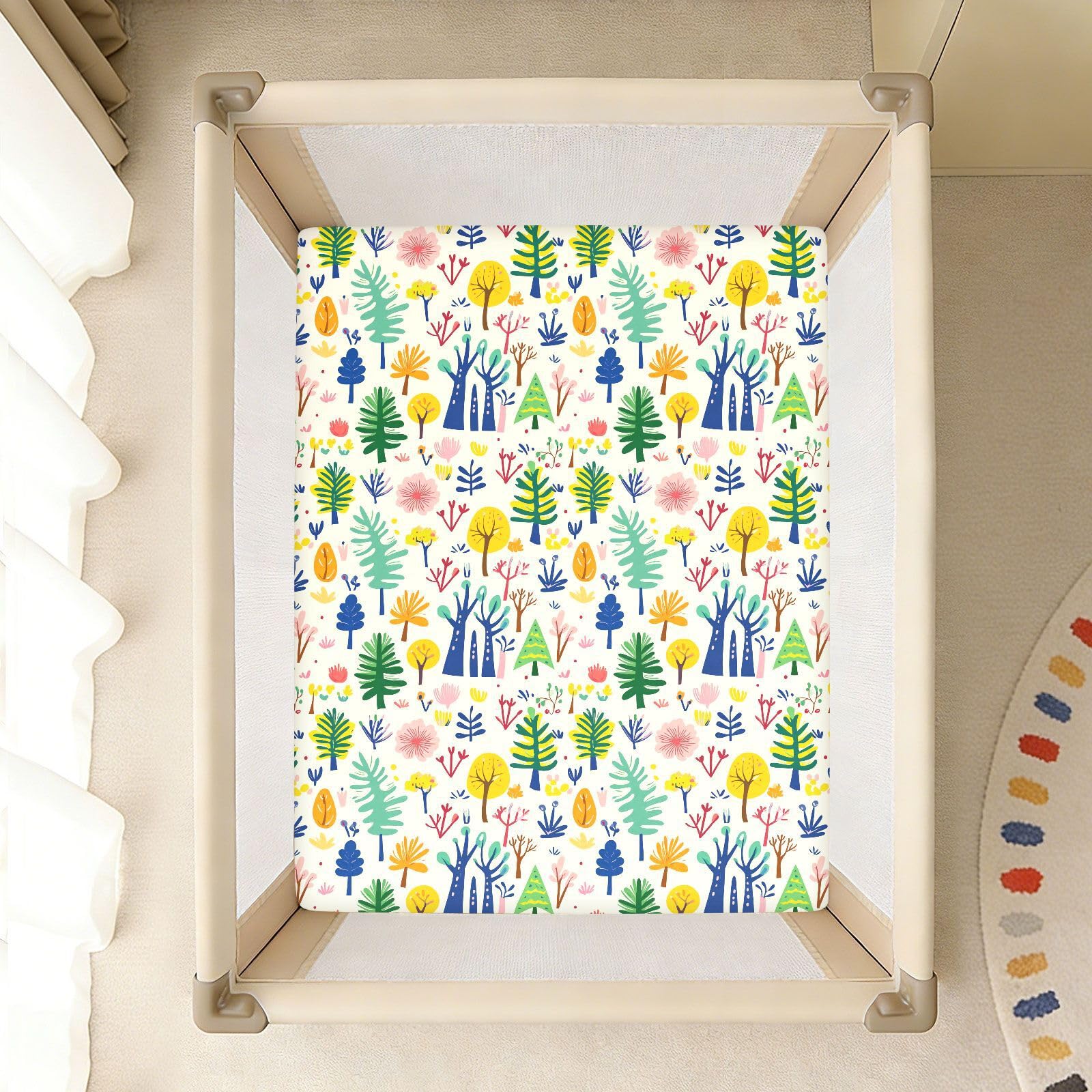Juego de sábanas de algodón para cuna de bebé, de muselina ultrasuave, diseño de árboles coloridos de dibujos animados, 1 unidad