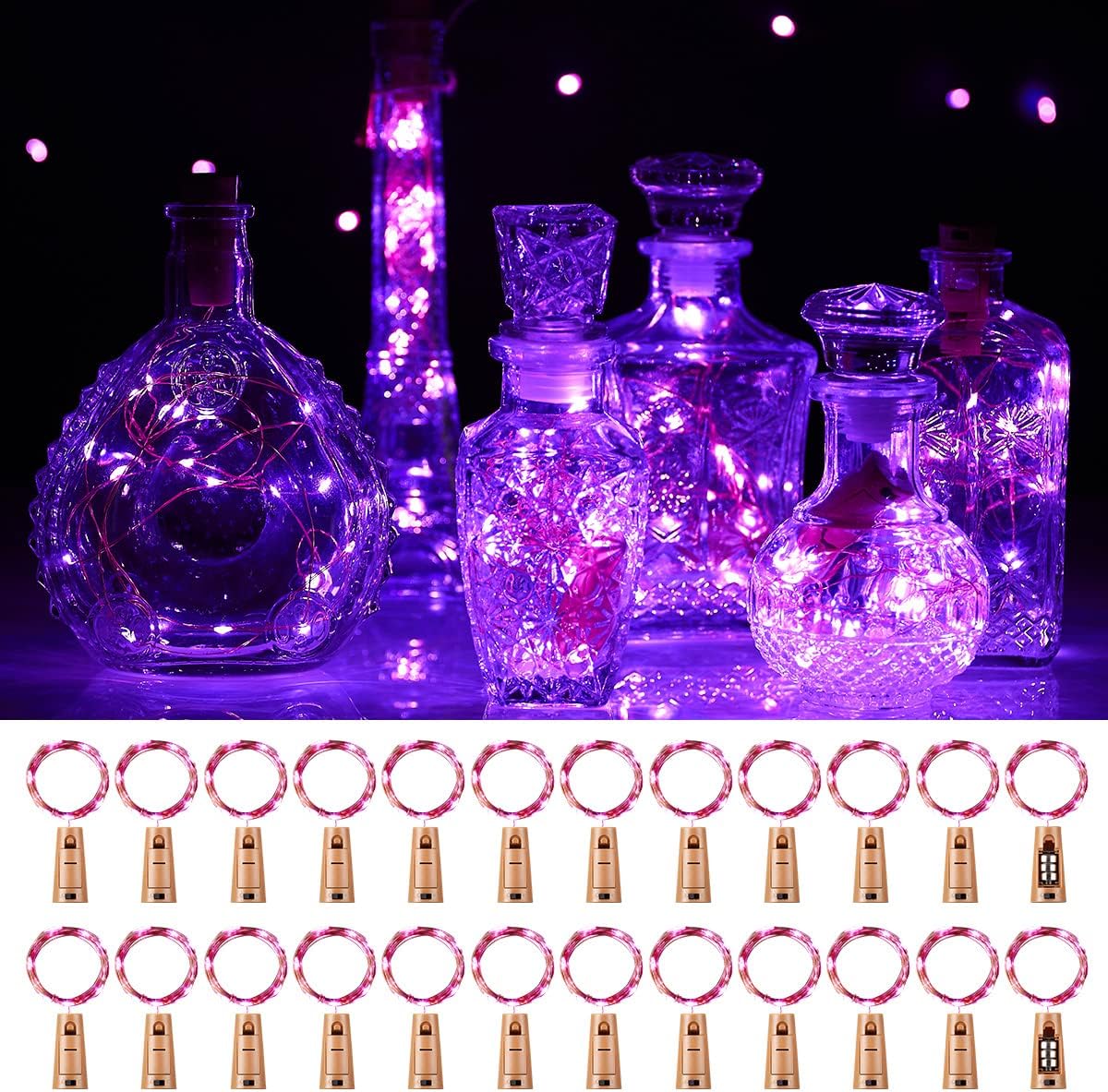 Ariceleo Wine Bottles String Lights, 24 Packs Micro Artificial Cork Copper Wire Starry Fairy Lights, Battery Operated Lights for Bedroom, Parties, Wedding, Decoration(24 Packs 2m/7.2ft Purple)