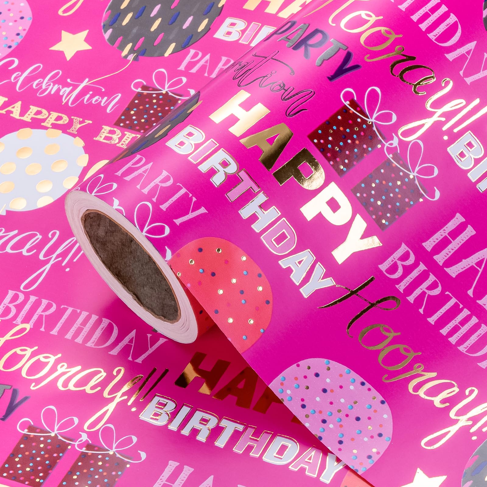 RUSPEPA Birthday Wrapping Paper - 43.2cm x 5m - Gold Foil Hot Pink Birthday Design for Girls, Baby Showers, Weddings & Mother's Day โ image 1
