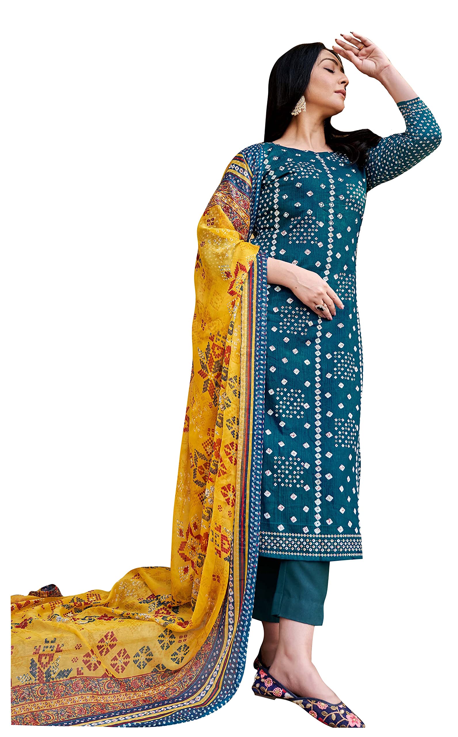 DRAVINAM TrendsWomen's Mirror Work Bandhani Printed Unstitched Pure Cambric Cotton Salwar Suits Dress Material with Chiffon Printed Dupatta (Blue)
