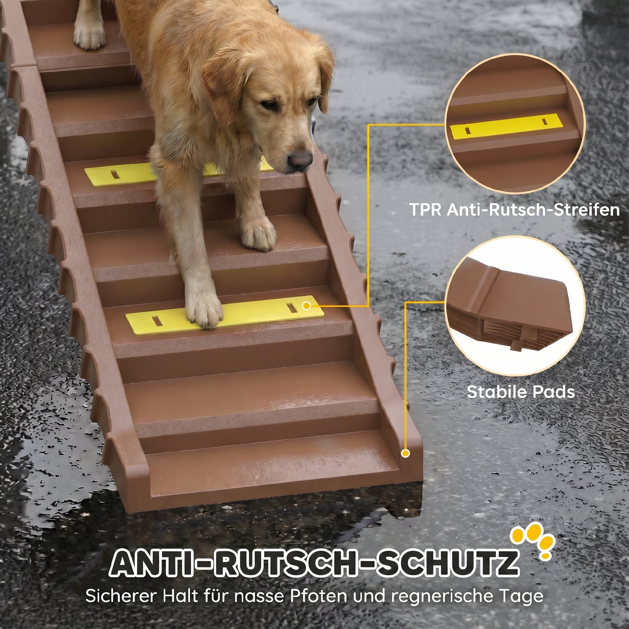 PawHut Rampe Pliable Chien Voiture Support lit Haut 25 kg Marron | Escaliers pour chien portables 10 marches avec bandes antidérapantes et coussinets, légers pour SUV/camion