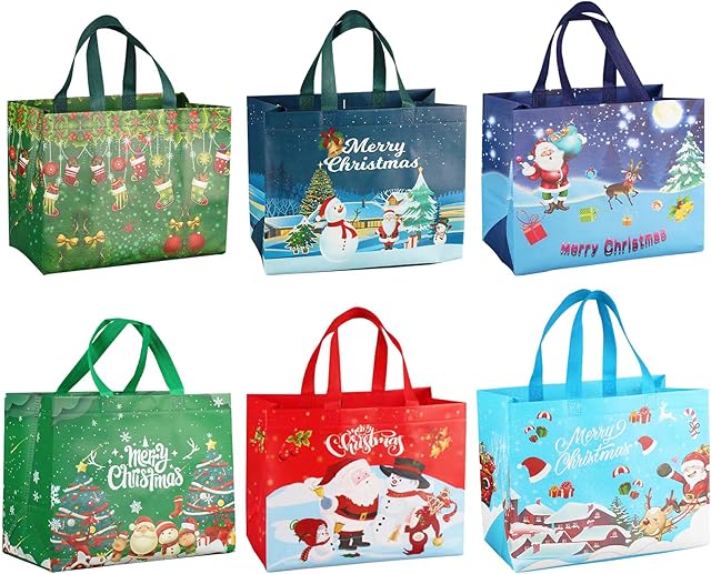 6 Pcs Christmas Gift Bags, Christmas Tote Bags with Handles, Non-woven Fabric Gift Present Bags, Reusable Christmas Gift Bag Waterproof Grocery Bag Shopping Bag Large Christmas Bag for Xmas Party