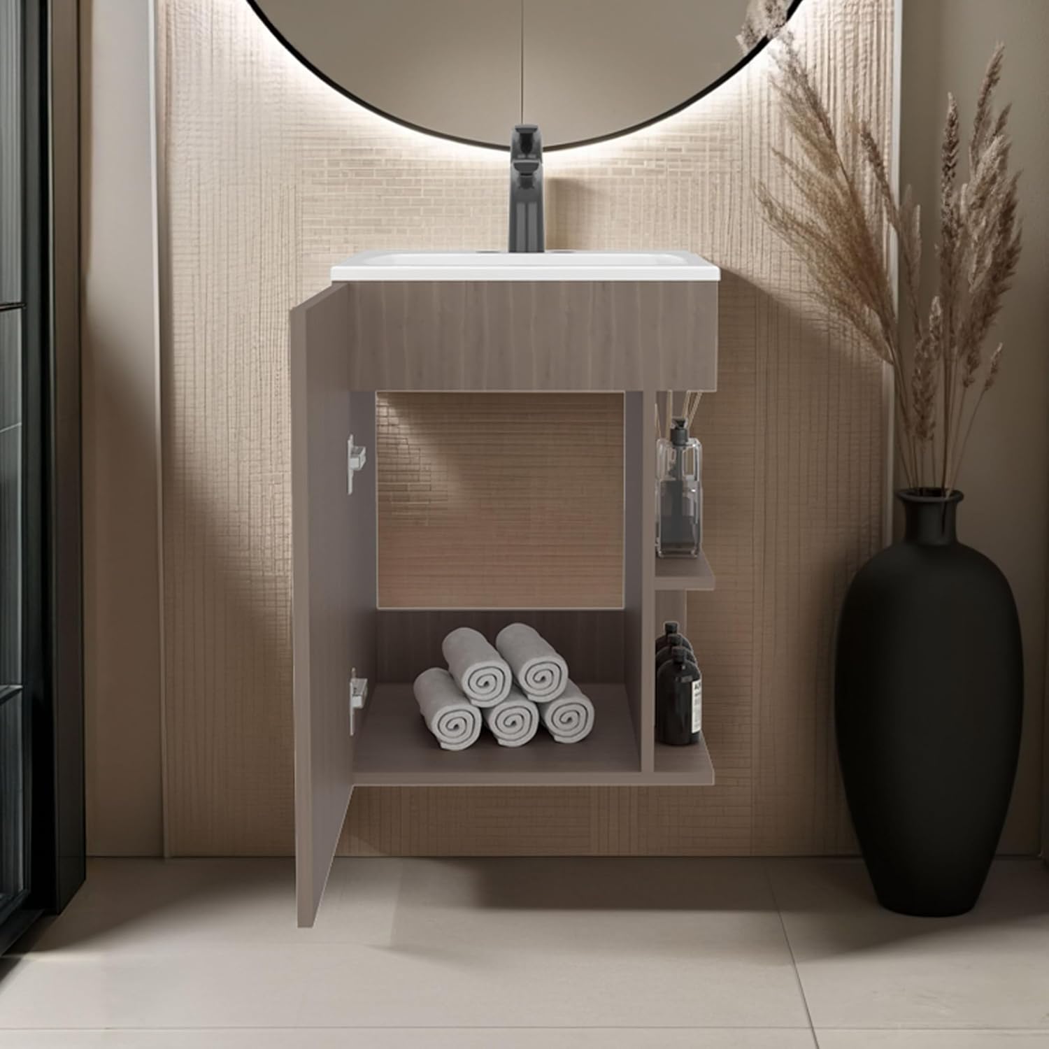 Colton Free-Standing Bathroom Vanity with One-Door Cabinet and Open Shelf, Modern Compact Sink Cabinet with Light Grey Wood Finish, Ideal for Small Bathrooms and Powder Rooms, Space-Saving Storage
