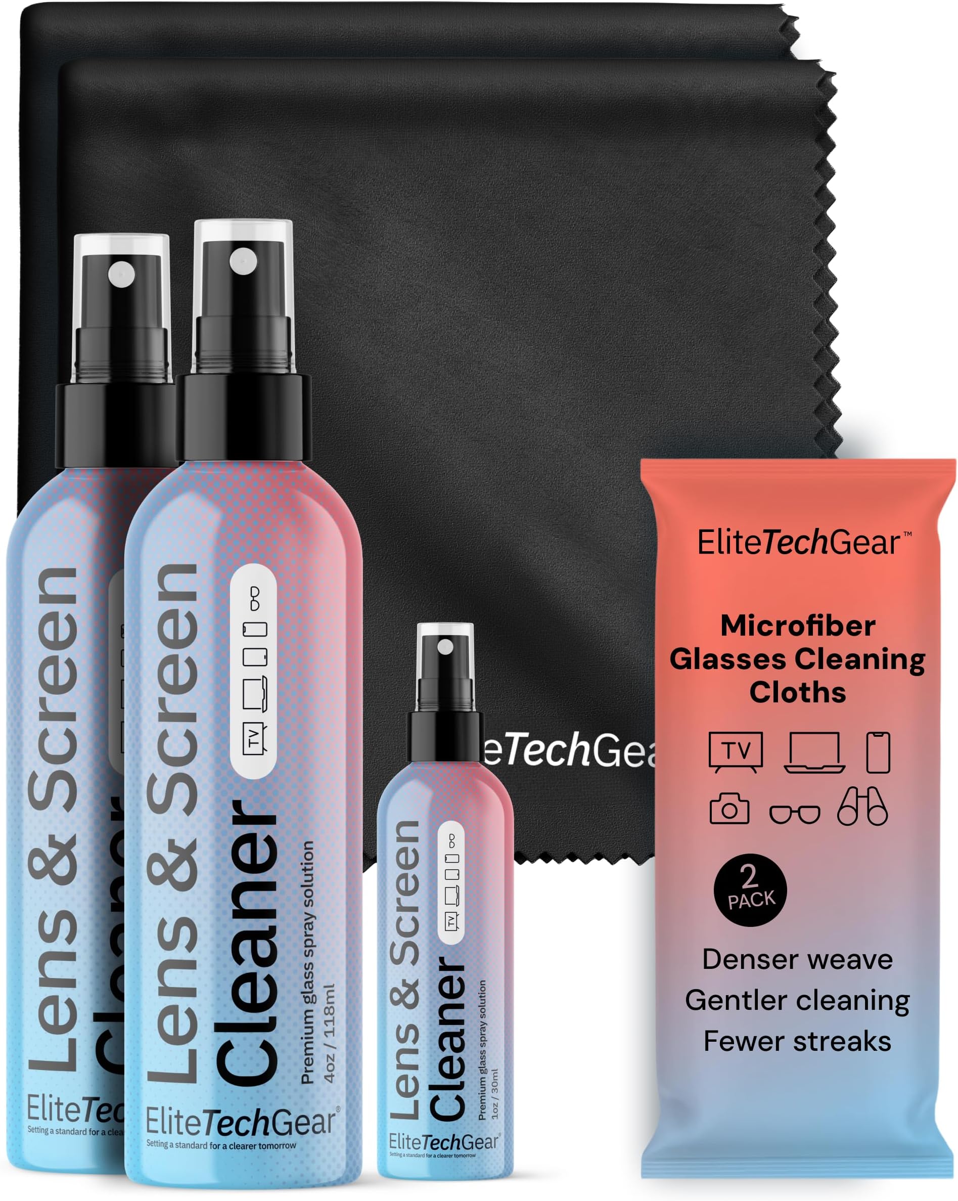 Optical, Screen & Lens Care Kit - 3pc Spray (2x4oz+1oz) with 2 Microfiber Cloths - Alcohol-Free Eyewear Solution - 5pc Glasses Cleaner