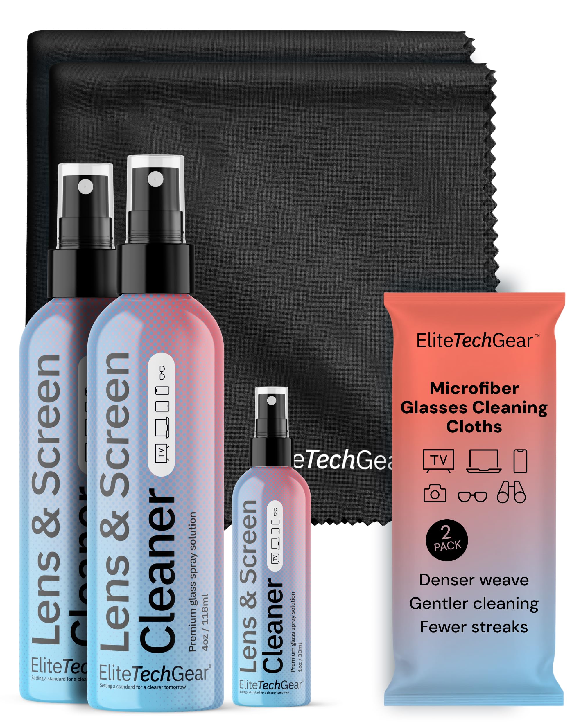 Elite Tech Gear Optical, Screen & Lens Care Kit - 3pc Spray (2x4oz+1oz) with 2 Microfiber Cloths - Alcohol-Free Eyewear Solution - 5pc Glasses Cleaner