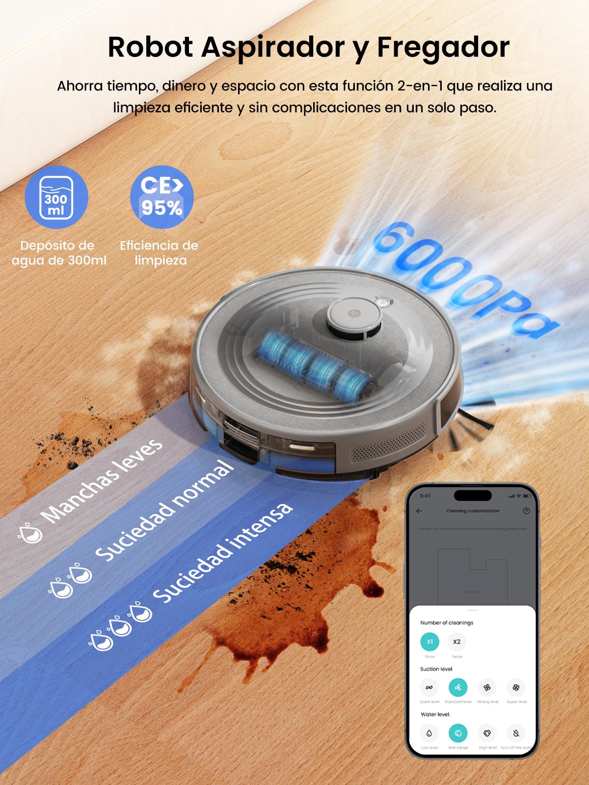 Lefant M2 Pro Robot Aspirador y Fregasuelos con Autovaciado, Autovaciado 90 Días, 6000Pa, 140mins, Mapeo Multinivel, Obstáculos 190° PSD, Navegación dToF, 5G WiFi/App/Alexa/iWatch, Gris