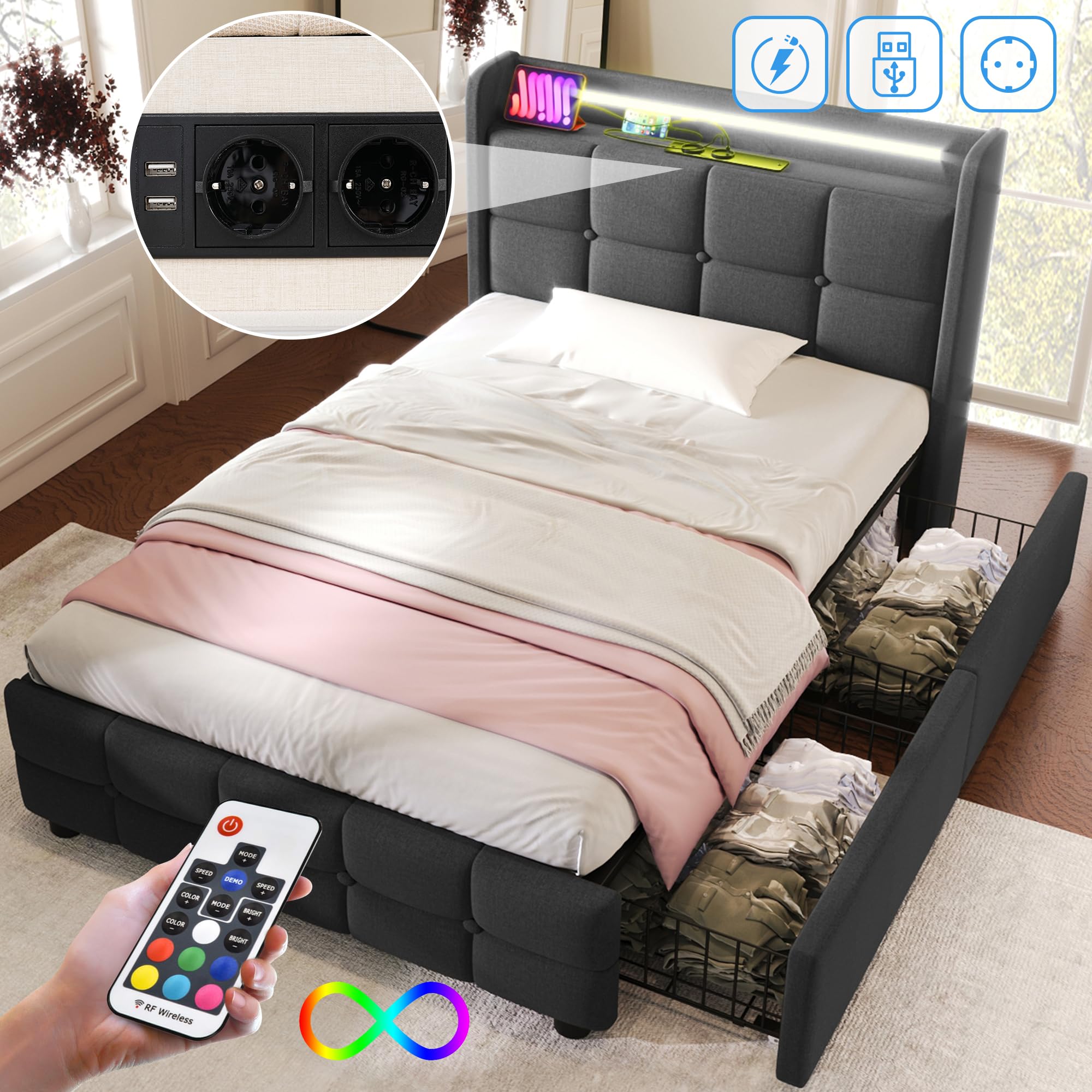 Cama Tapizada 90x200 con Iluminación LED, Cama Infantil con 2 Cajones, Camas Juveniles con Enchufes y Puertos USB, Cama Individual con Láminas de Madera, Lino, Gris, Sin Colchón