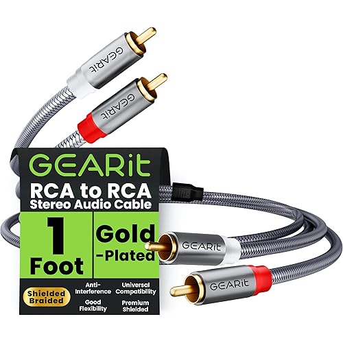 GEARit RCA Cable (1FT) 2RCA Male to 2RCA Male Stereo Audio Cables Shielded Braided RCA Stereo Cable for Home Theater, HDTV, Amplifiers, Hi-Fi Systems, Car Audio, Speakers, 1 Feet