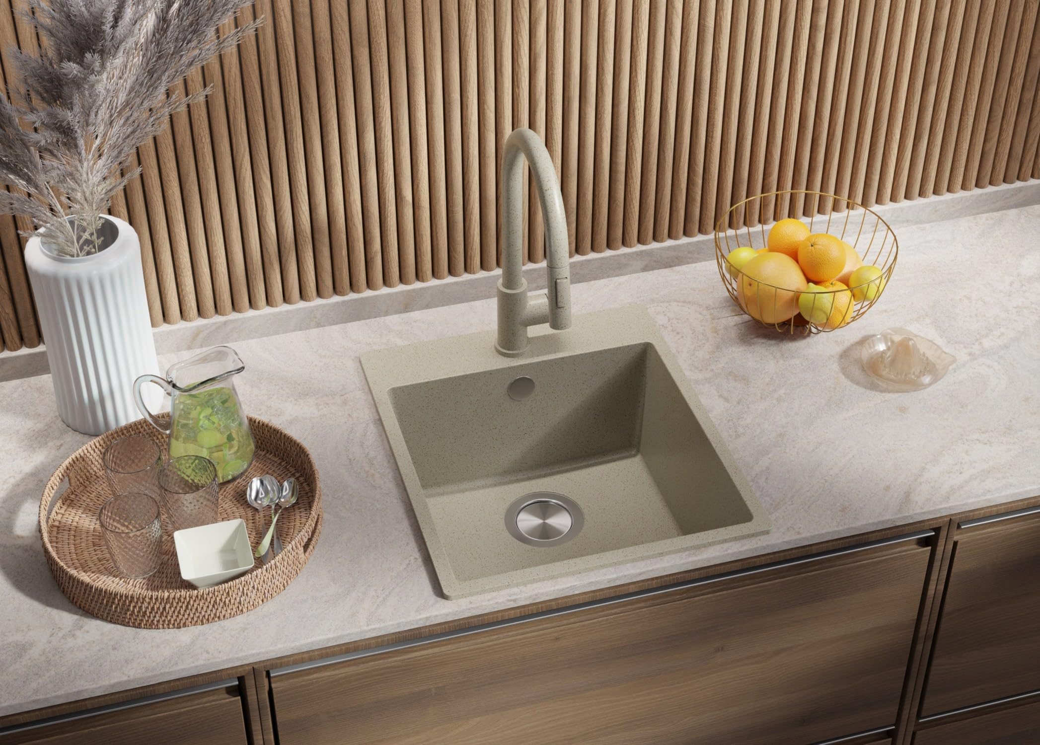 PRIMAGRAN Fregadero Granito Todo Beige - Riga, 43x50cm | Cocina 1 Seno + Grifo 40x20cm + Set de accesorios, sobre Encimera al Mueble 45cm (S150)
