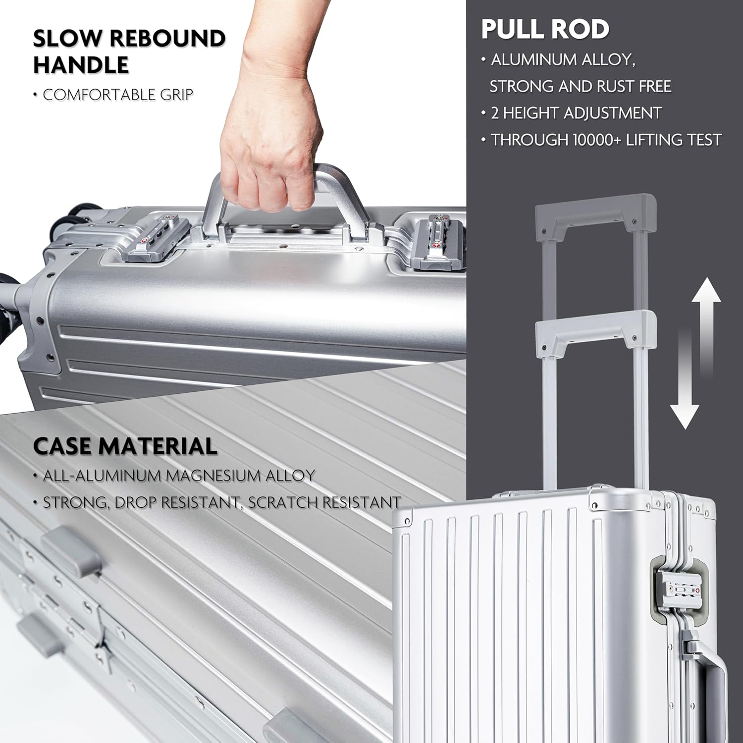 All Aluminum Carry On Luggage 22x14x9 Airline Approved Hard Shell Carry On Luggage Zipperless Luggage Metal 20inch Suitcase Luggage, Sliver