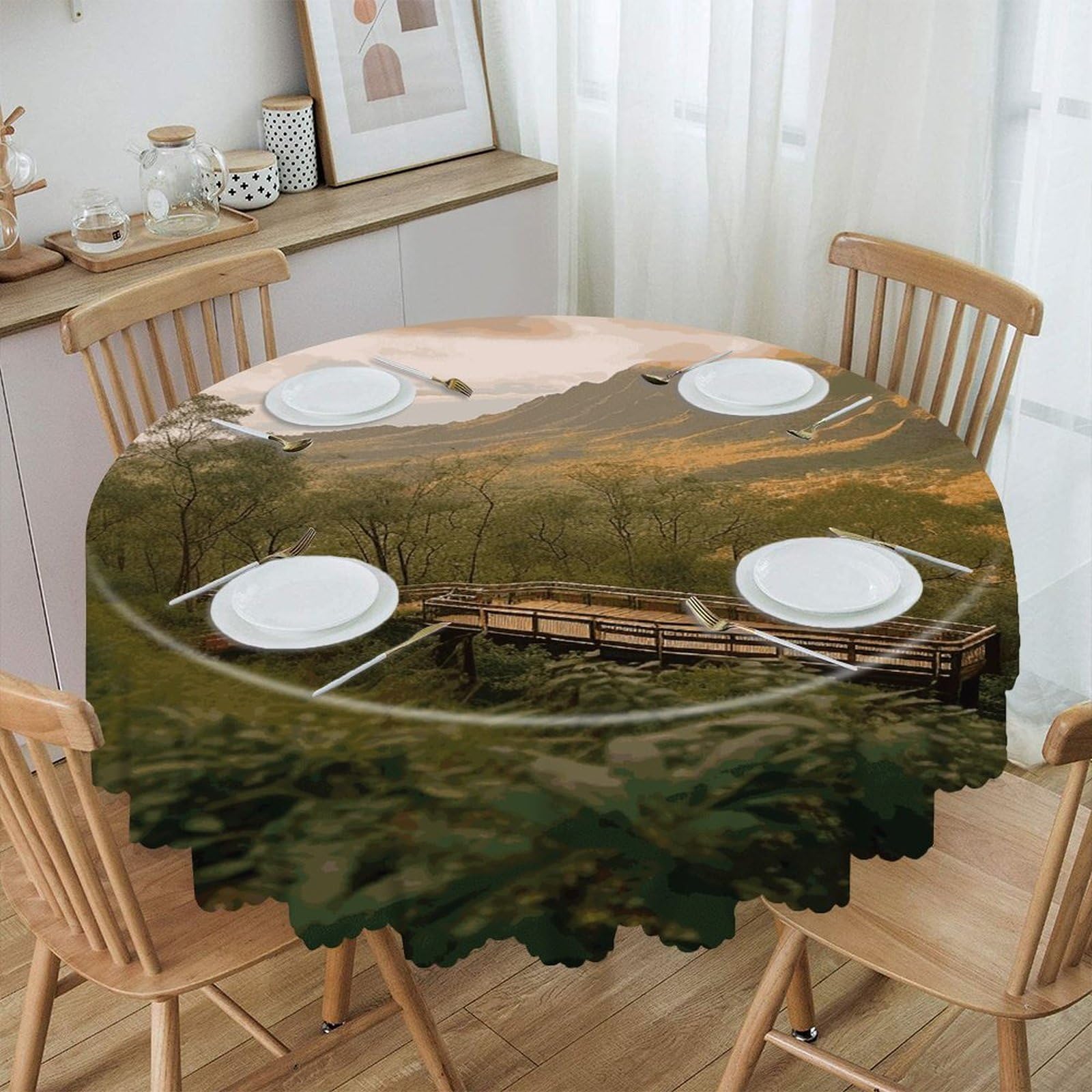 FekiLoot 60 Inch Round Wilderness Park Tablecloth Waterproof Heavy Duty Polyester Table Cloth Spill-Proof Wipeable Table Cover Decorative Circle Dining Tablecover for Party Outdoor