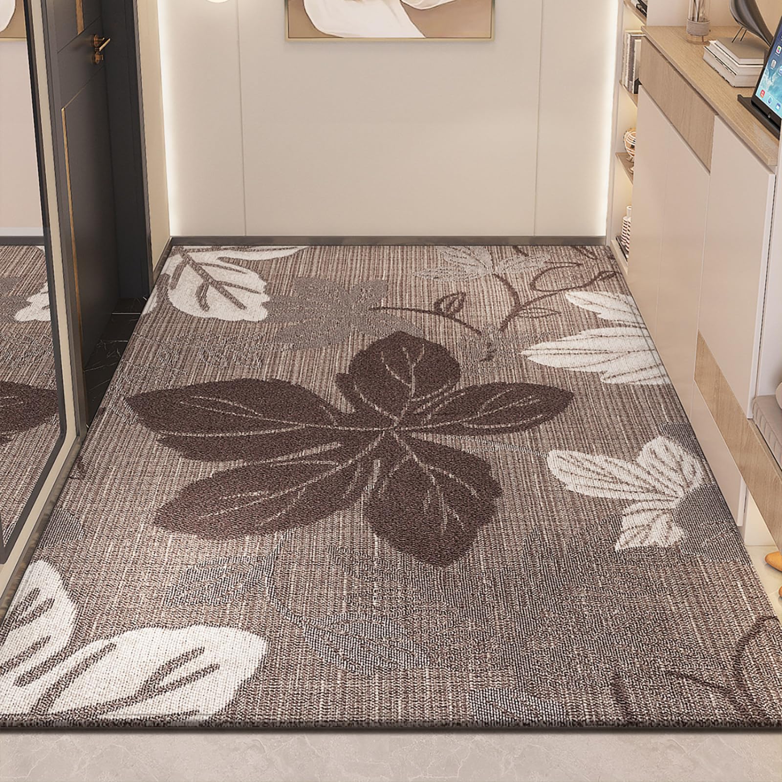 Felpudo Entrada Casa 90x150 Patrón De Hoja Marrón Blanco Felpudo Exterior Antideslizante Lavable Felpudos para Pasillo Cocina Puerta Jardín Decoración Alfombrilla para Entrada