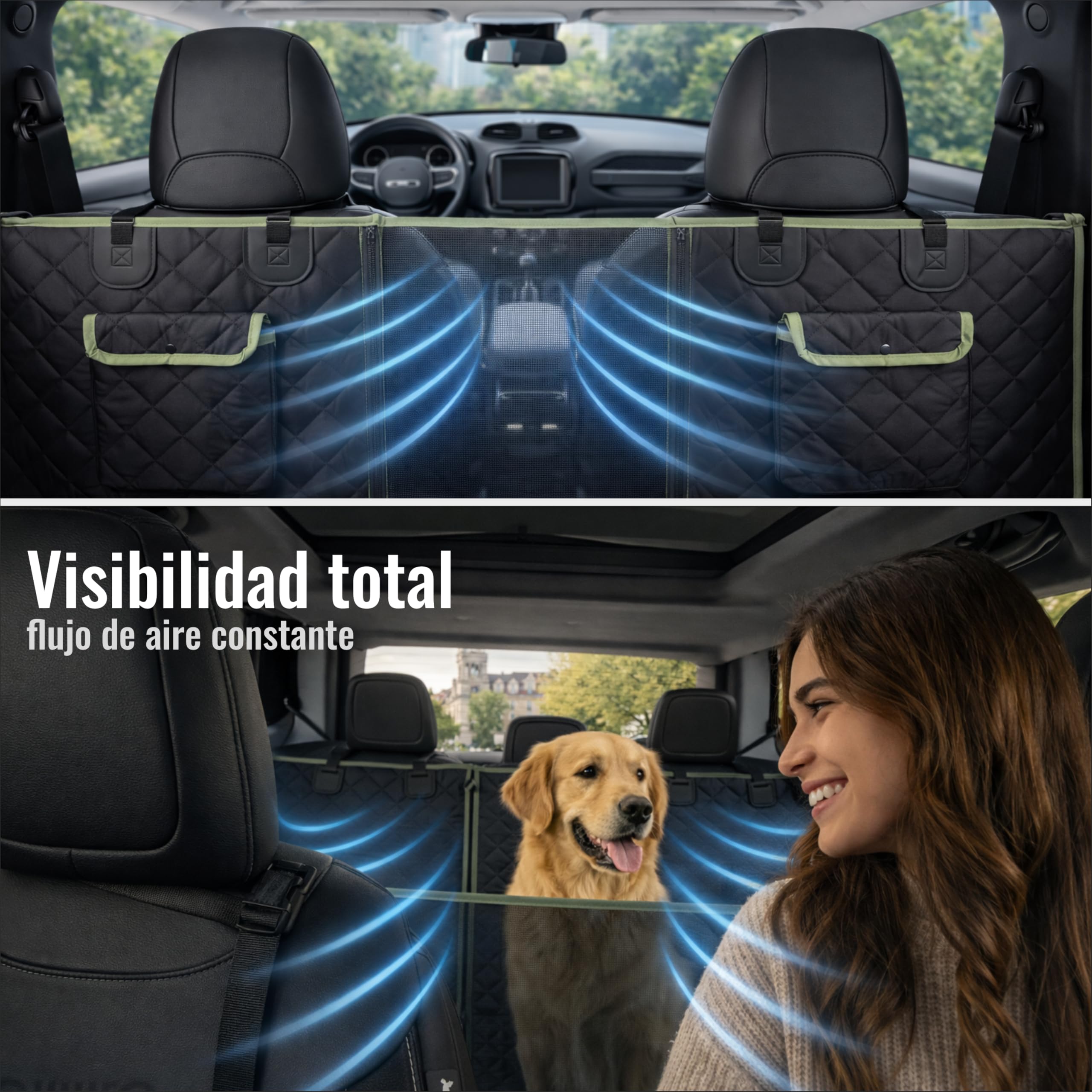 Funda Perro Coche Asientos Traseros 6-En-1 | Fundas para Coches Asientos Impermeables 600D con Ventana De Malla Y Laterales Elevados | Protector Asiento Coche Perro Trasero Negro/Verde