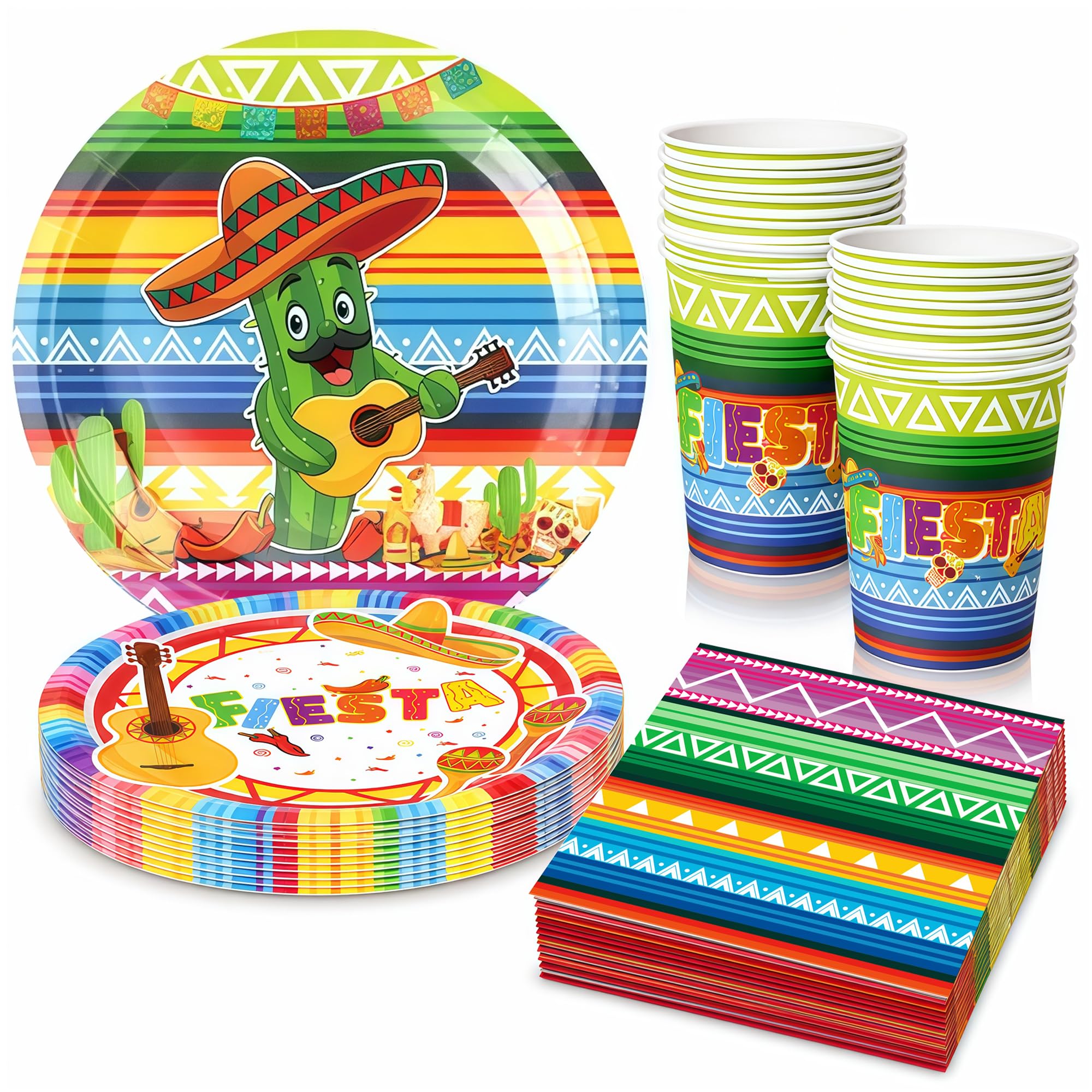 Mexican Fiesta Party Decorations 50Pcs Fiesta Tableware Set Colorful Cinco de Mayo Decorations Plates Cups Napkins Cactus Sombrero Party Supplies for Birthday Summer Hawaii Party Fiesta Decor