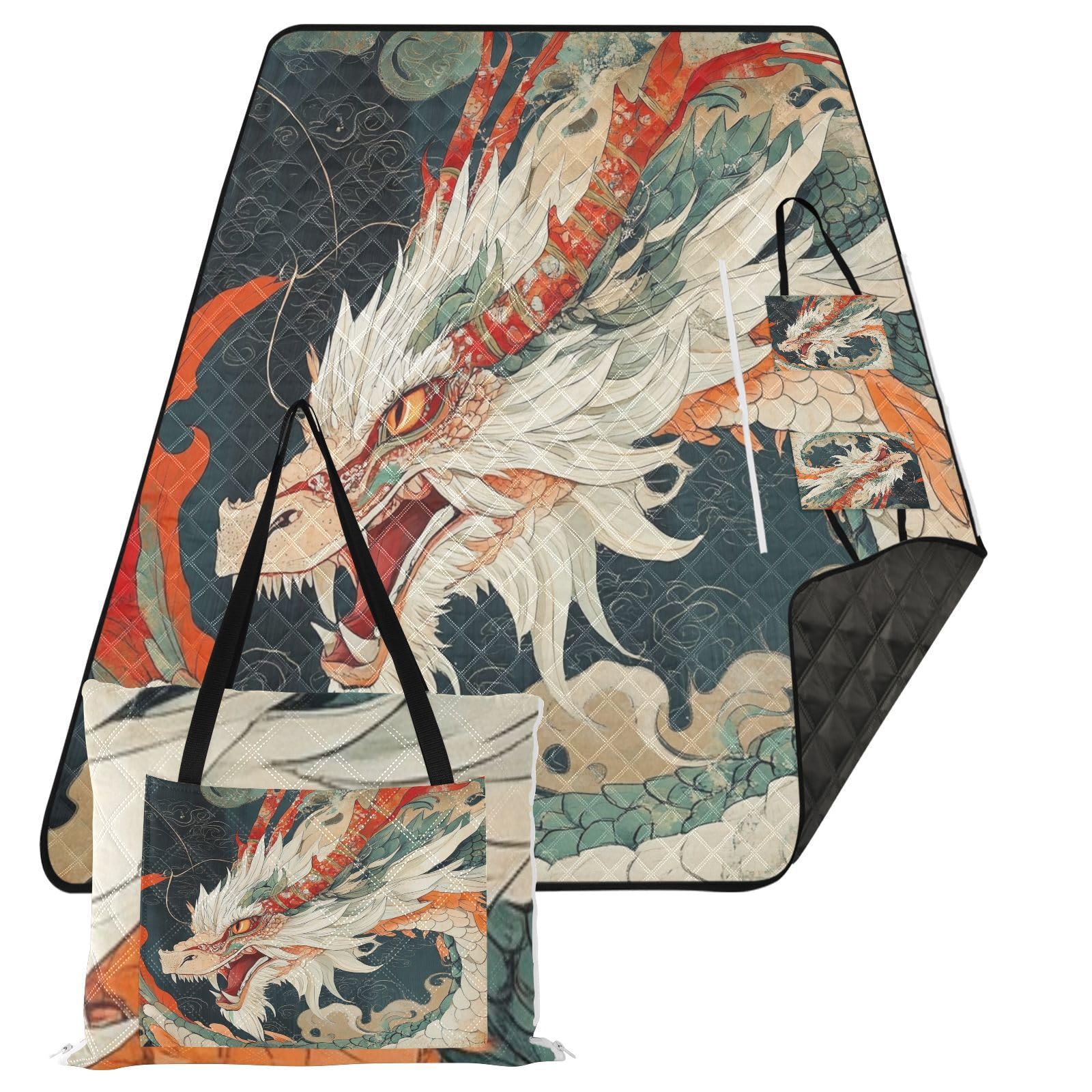 Flradish Dragon Picnic Blankets,Foldable Hand Bag Beach Blanket with Carry Strap Waterproof Sandproof Outdoor Blankets for Camping Park Travel 60x80 Inches