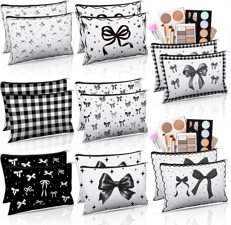 Necessaires de maquiagem Stuffygreenus com laços pretos, em lona, Pacote com 16