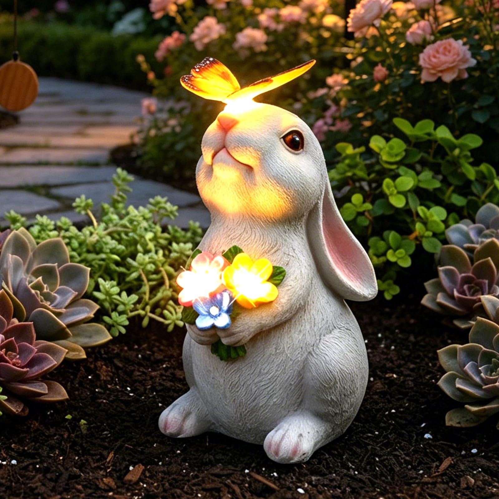 BYZESTY Solaire de Jardin Lapin, Lampe Solaire LED en Forme de Lapin, Figurine d'animal de Jardin, Décorations de Statues d'extérieur pour Extérieur Patio Pelouse