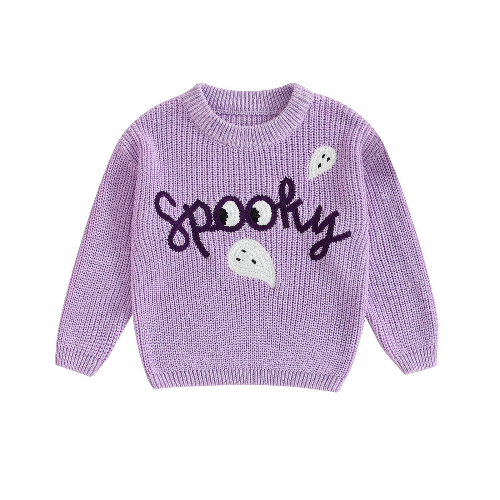 Toddler Girl Ghost Halloween Sweater Embroidery Oversized Long Sleeve Crewneck Pullover Sweaters Baby Spooky Outfit (Purple, 6-12 Months)