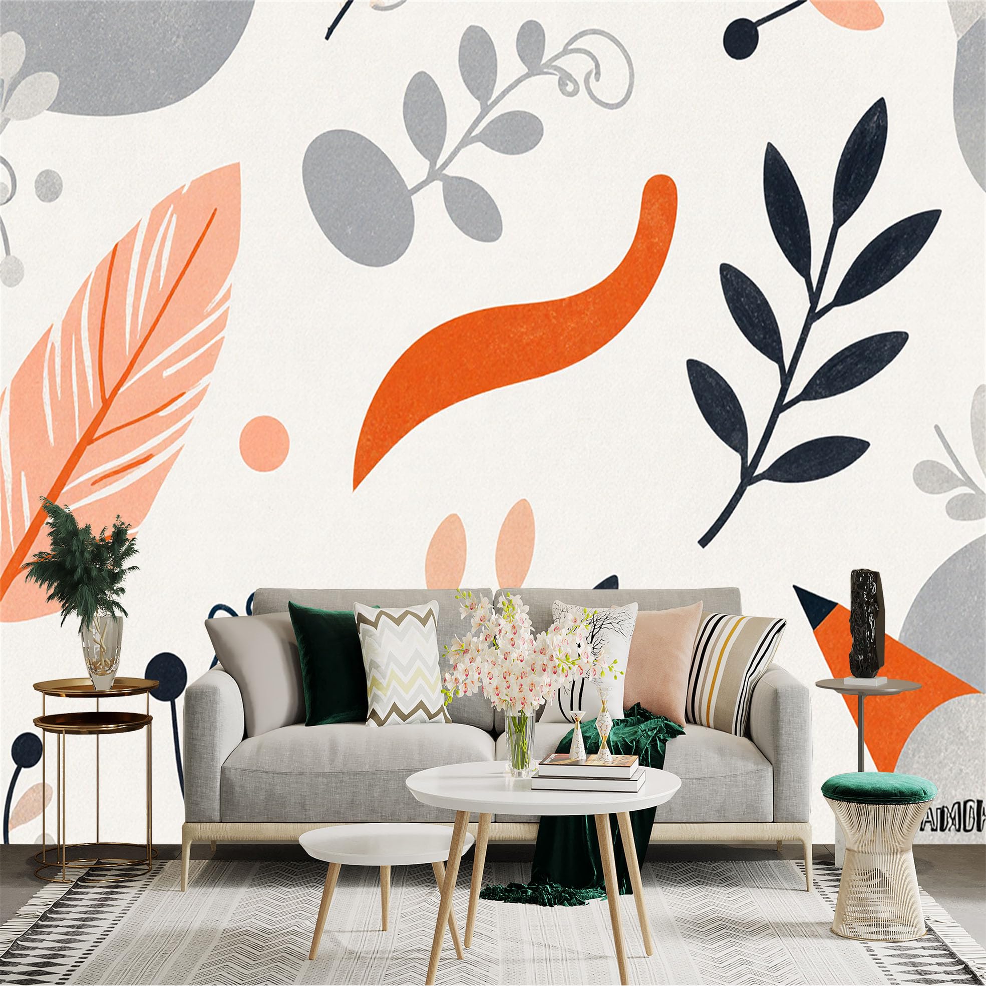 Custom Size Wall Sticker Mural， Minimalist Botanical Pattern， Pastel Leaves and Geometric Shapes， Modern Nature Print， for wall Decoration， peelandstick wall Decals.
