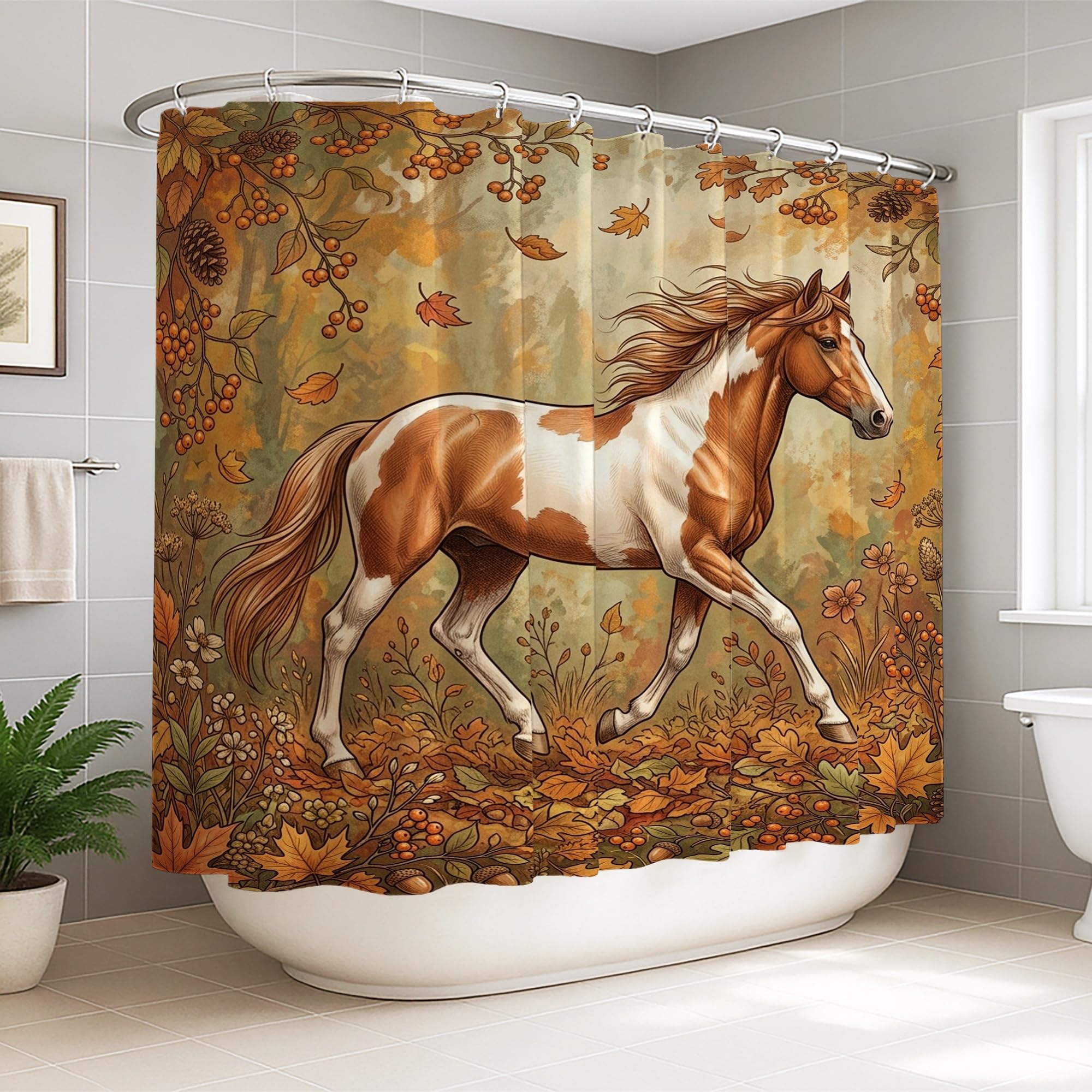Rideau de douche extra large 274x183 cm en polyester imperméable à motif feuilles rustiques