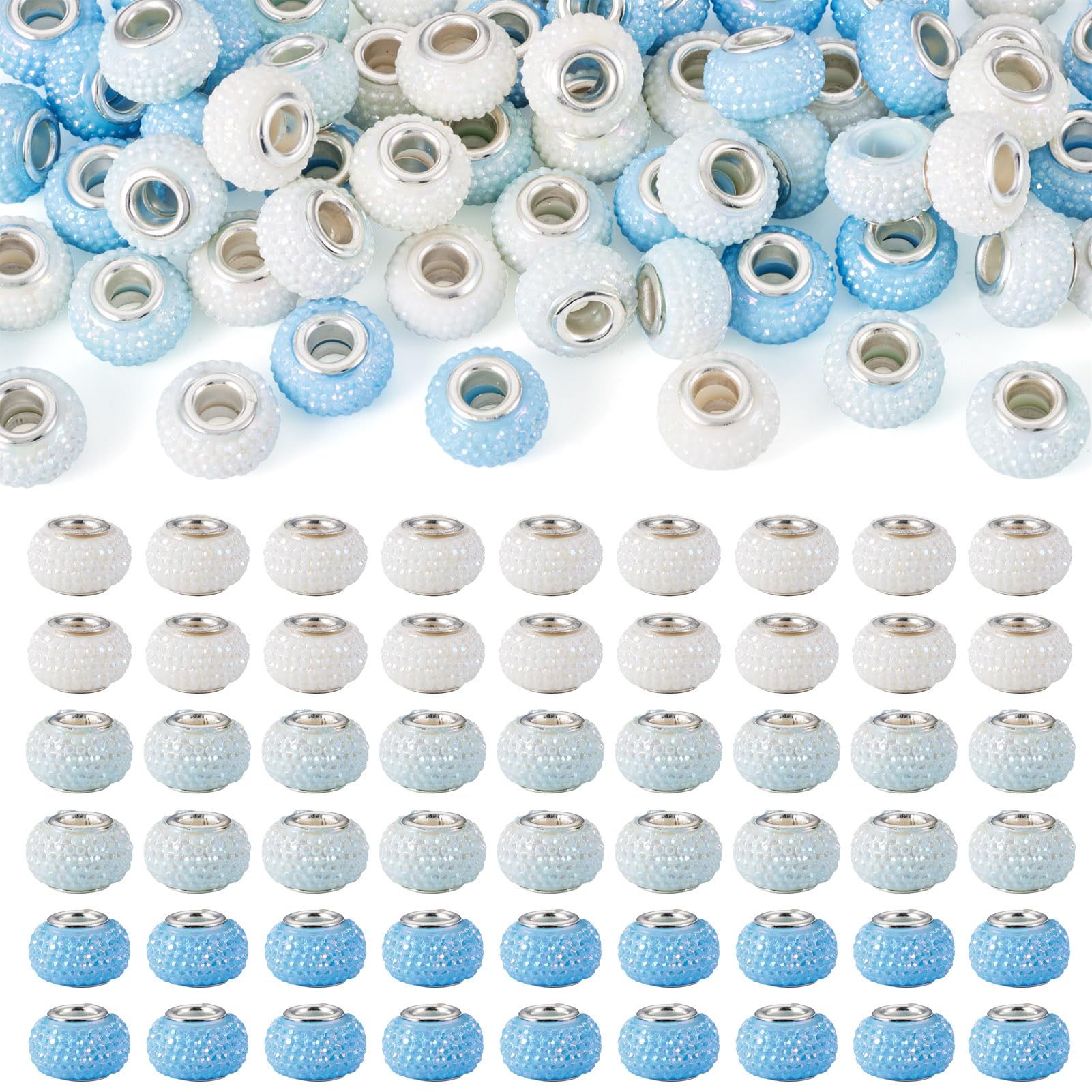 100Pcs Blue Resin European Beads for Blue Bracelets European Large Hole Beads Rhinestone Rondelle Bead for DIY Crafts Valentine Bracelet Earring Jewelry Making