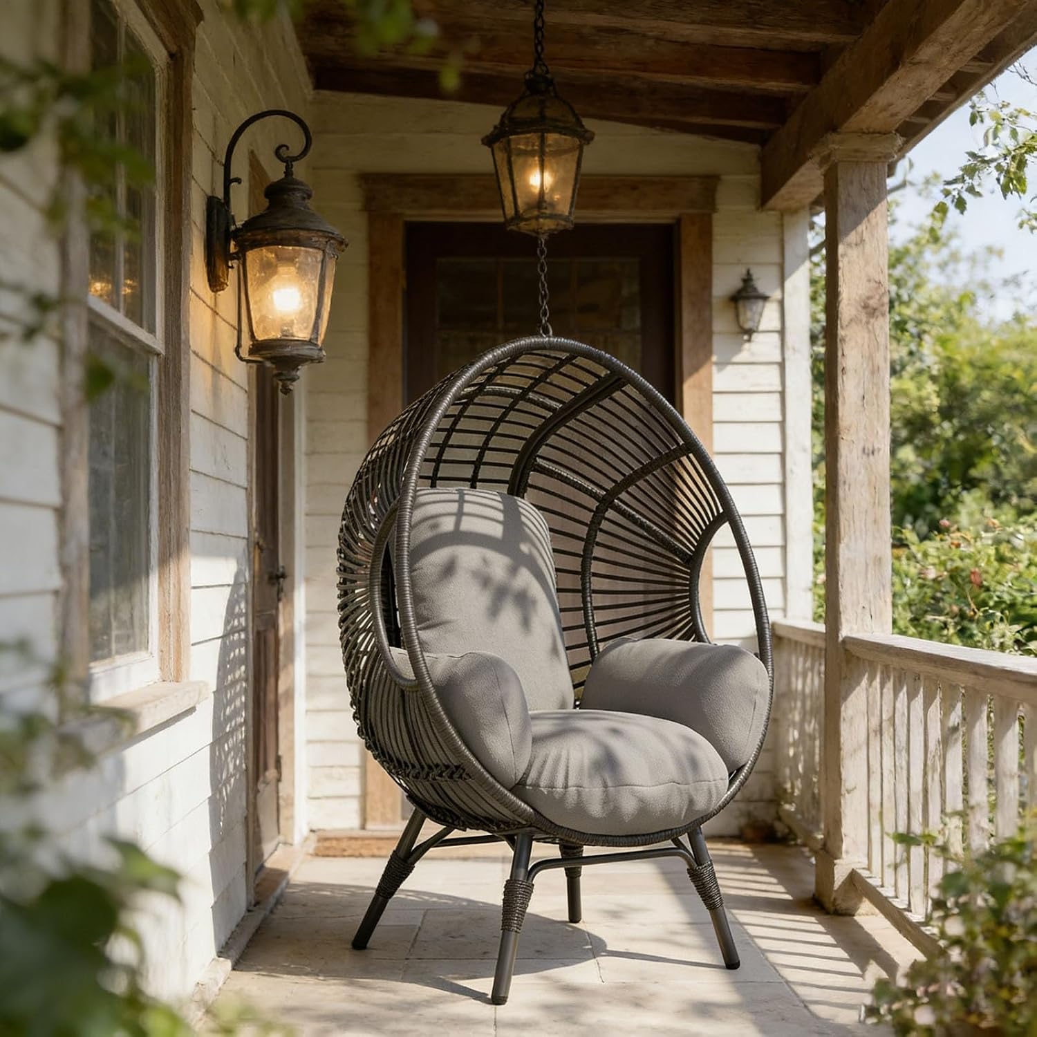 Wicker Egg Chair Outdoor Indoor, 8-Inch Plush Cushion, 400lbs Capacity, Removable Cover Balcony Chairs(Natural)