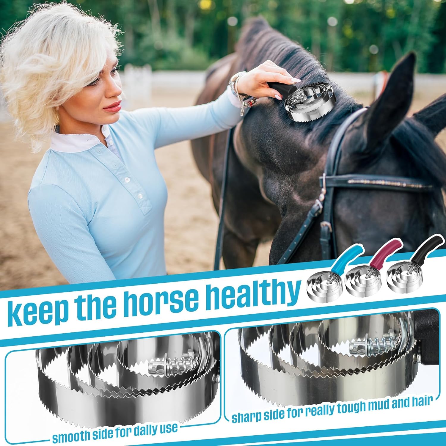 Yaomiao 12 Pack Reversible Curry Combs, 4 Rings Curry Comb, Metal Horse Brush Stainless Steel Horse Brush Scraper with Comfortable Grip for Cow Sheep Pet, 3 Colors