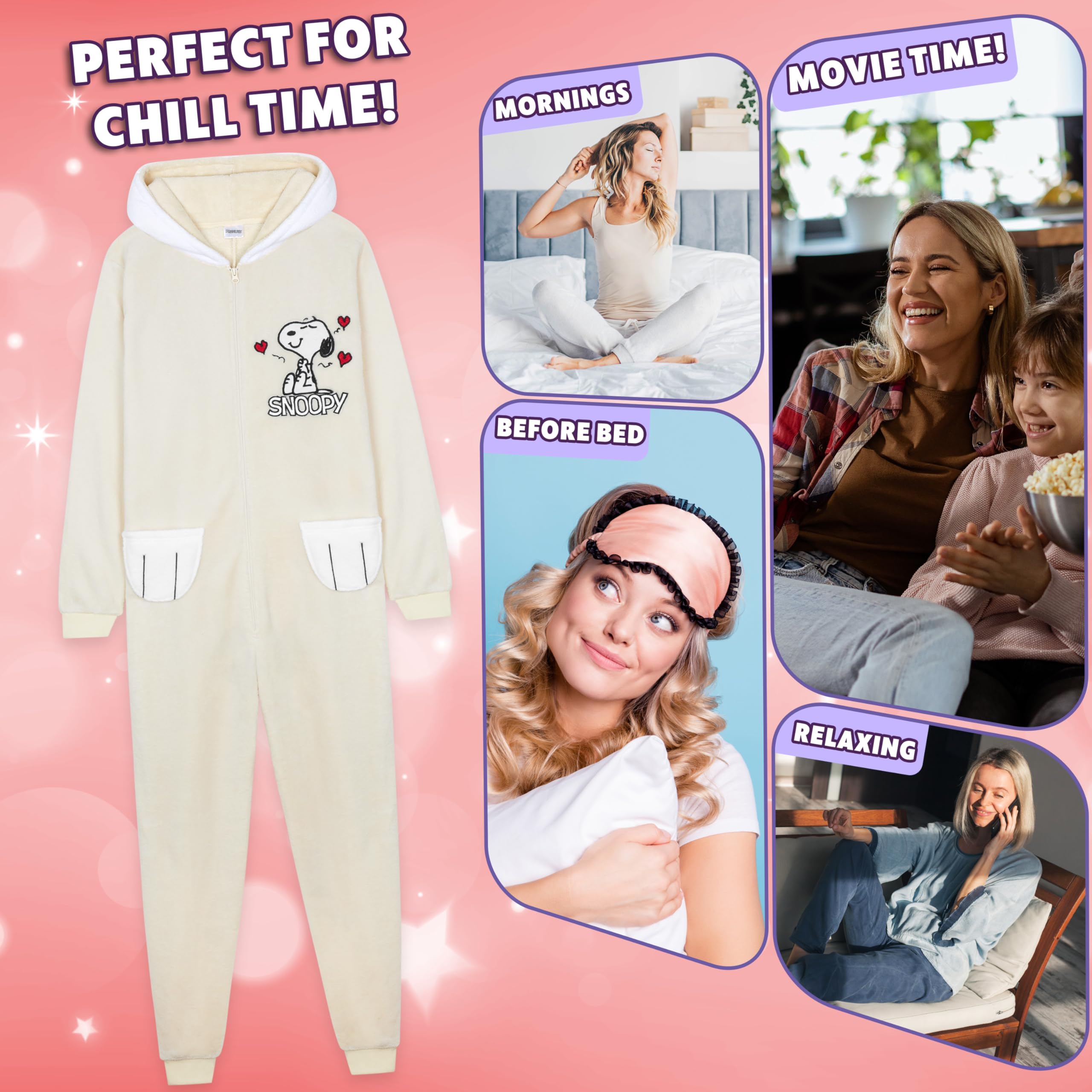 Peanuts Snoopy Pyjama Femme Combinaison Polaire Douce Hiver Chaud, Grenouillere Ado Pilou Pilou avec Capuche et Oreilles 3D