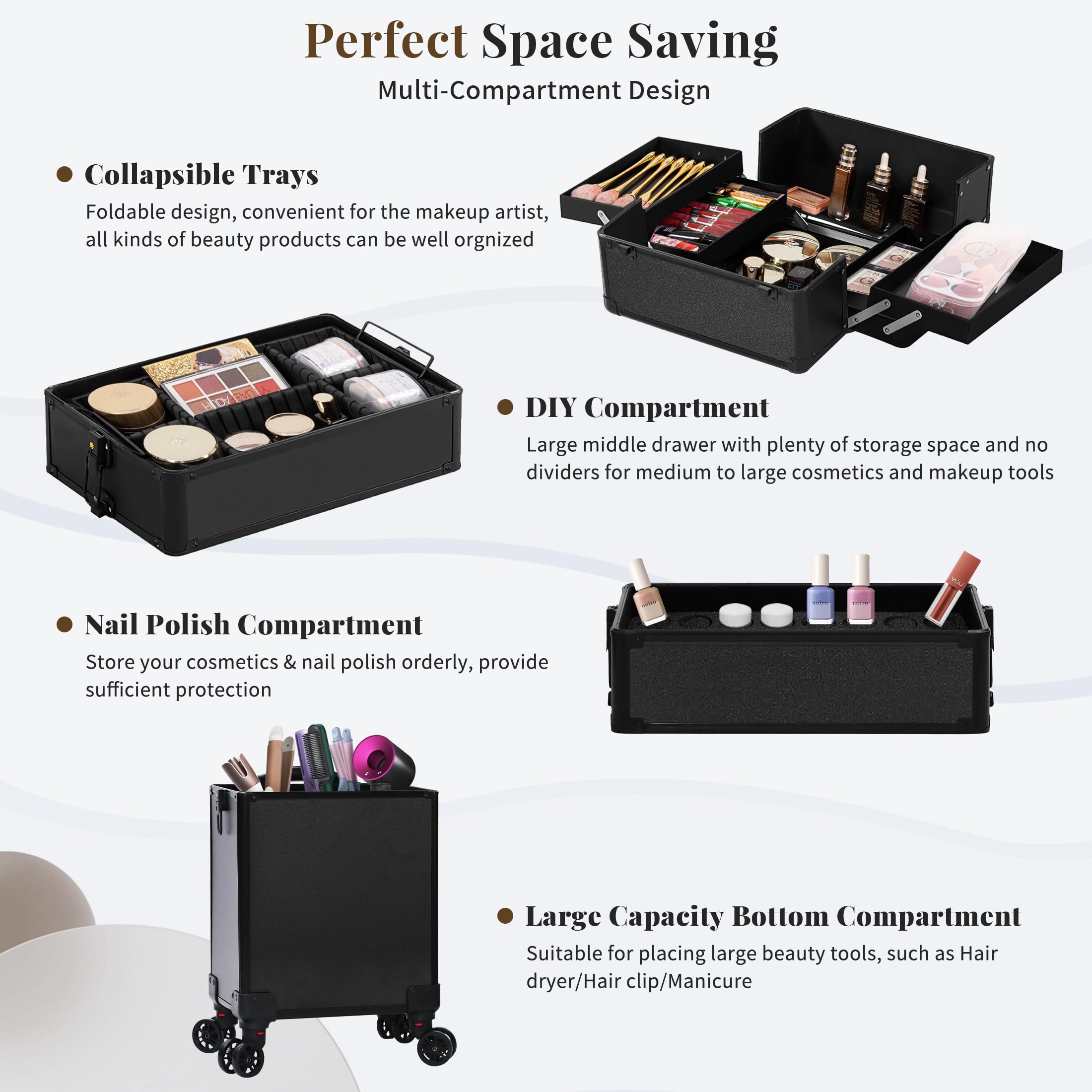 JINGUAN Profesional Rolling Makeup Train Case with Lid, 5 in 1 Cosmetology Case on Wheels, Large Cosmetic Trolley Organizer Travel for Hairstylist Artist Nail Beauty Salon Barber, Gravel Purple: Black 5 in 1