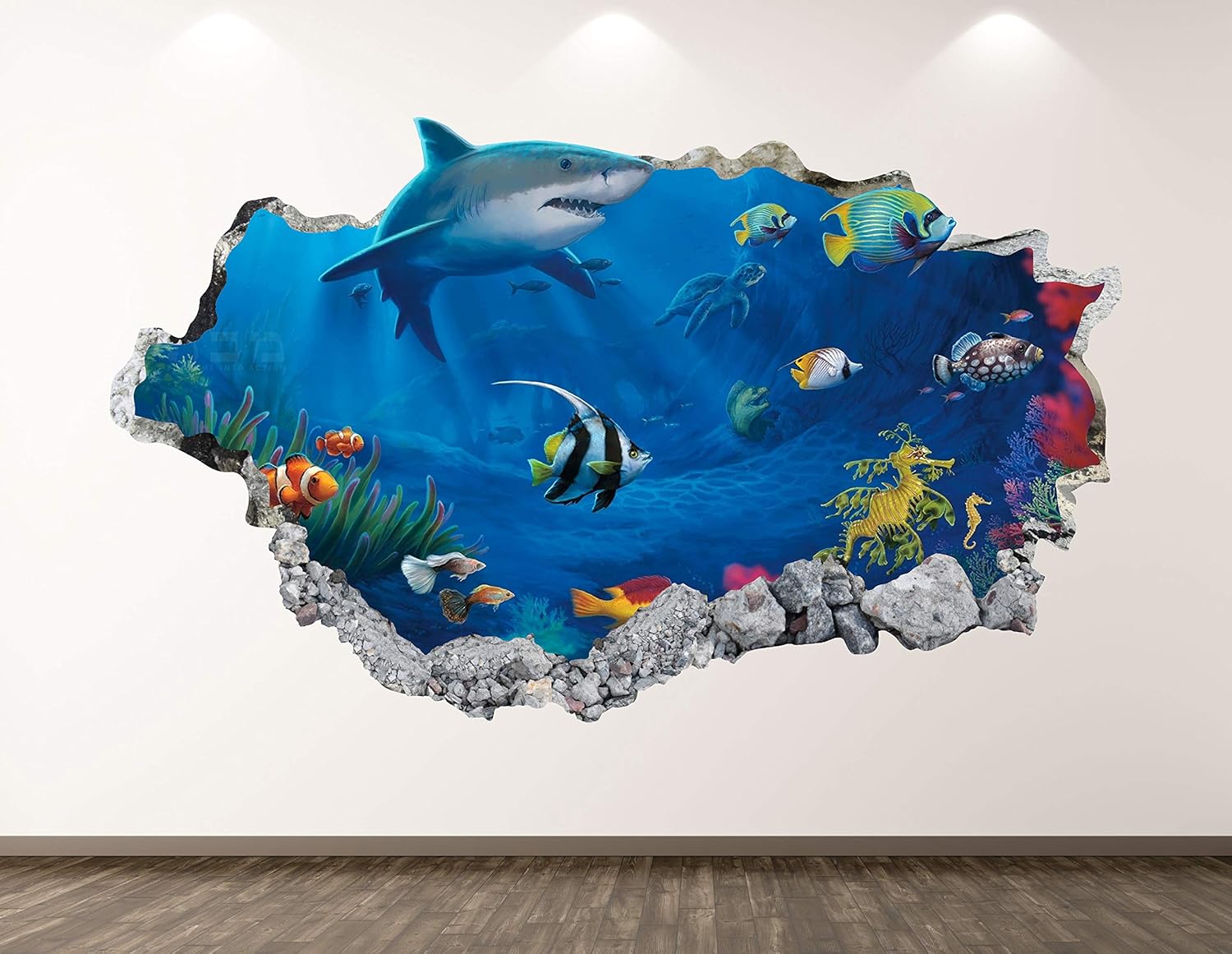 Shark Wall Decal Art Decor 3D Smashed Aquarium Sticker Poster Kids Room Mural Custom Gift BL130 (30"W x 18"H)