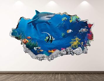 Shark Wall Decal Art Decor 3D Smashed Aquarium Sticker Poster Kids Room Mural Custom Gift BL130 22"W x 14"H