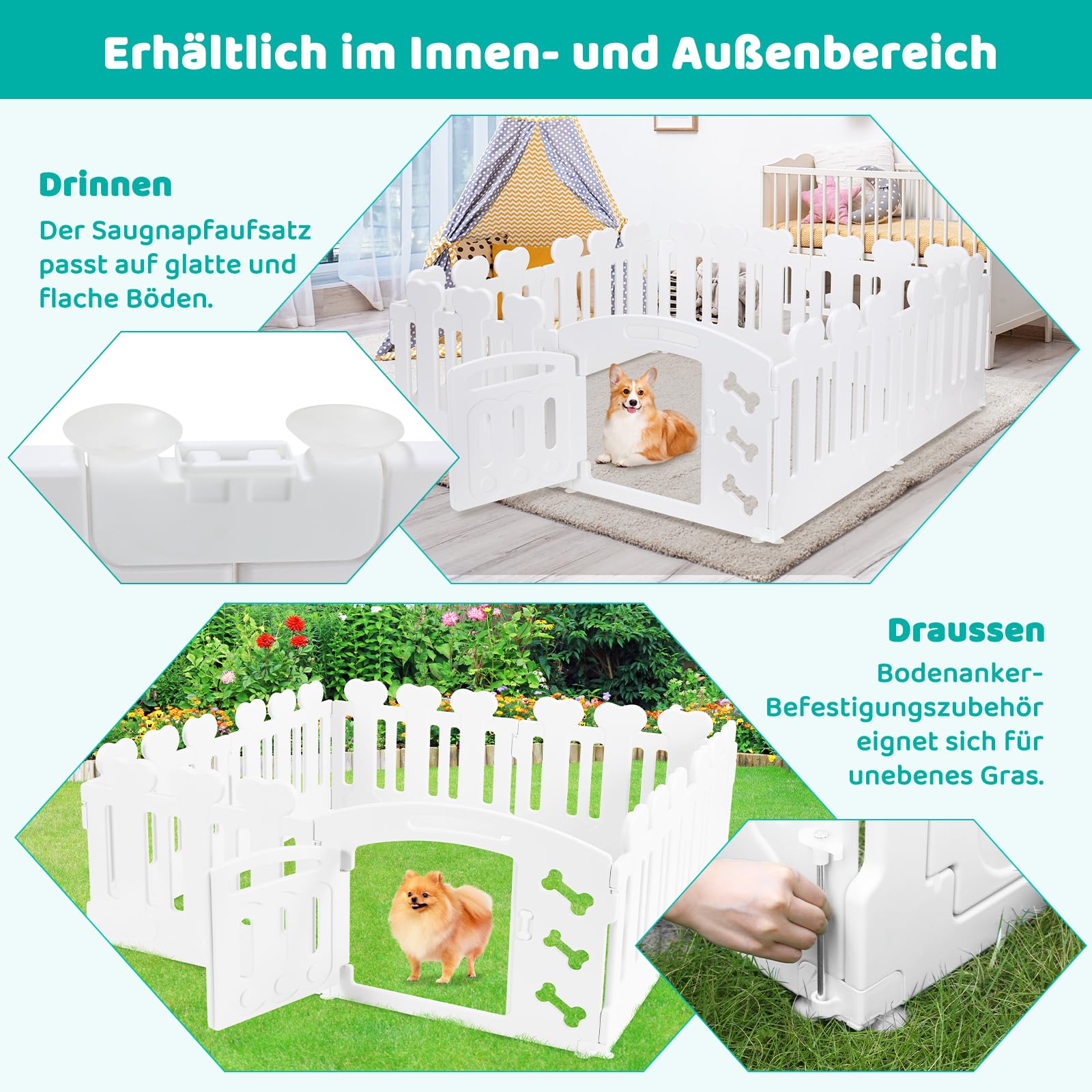MAMIZO Welpenauslauf 60cm, Laufstall Hund 7+1 PCS Platten, Plastik Welpenlaufstall, Faltbare Hundegitter, Hundezaun mit Tor, Inkl. Saugnäpfe & Erdanker, Hundekäfig für Zuhause und Outdoor, Weiß | Corralito Katzenkatze aus Kunststoff, faltbar, mit Saugnäpf