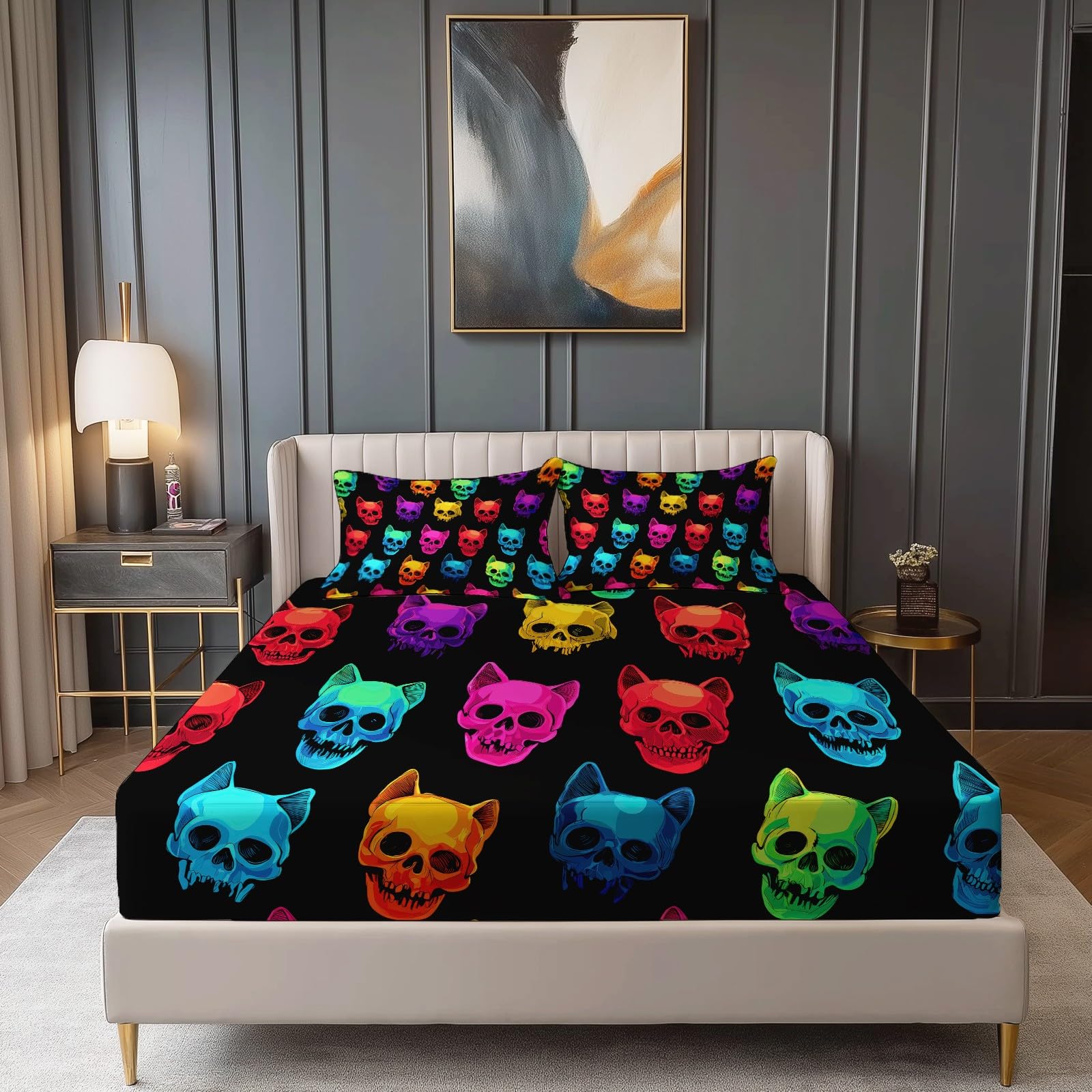 Drap-housse 90x200 cm Crâne Noir en Microfibre Respirante pour Matelas Épais