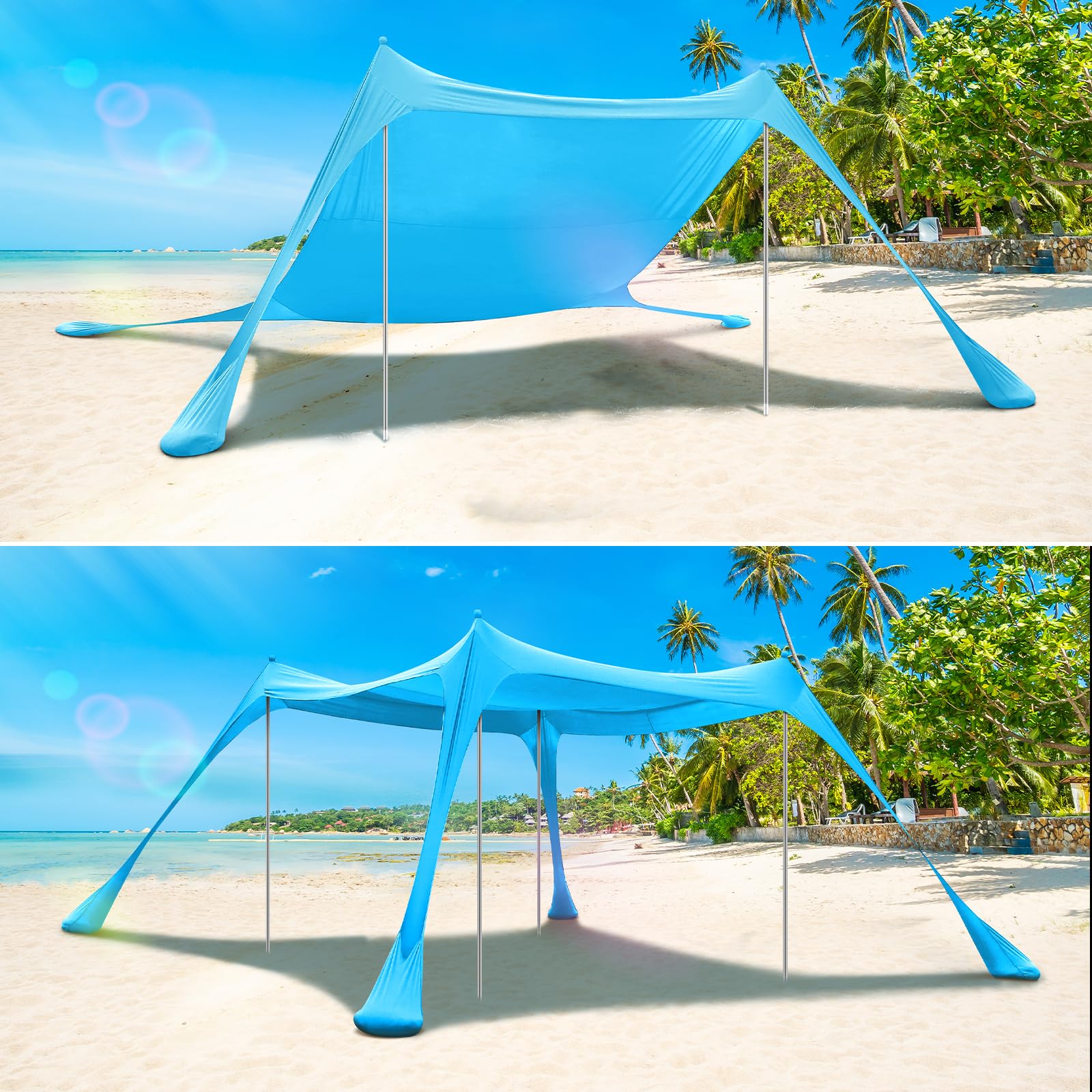 Sportneer - Tenda a baldacchino da spiaggia, tenda da spiaggia, parasole UPF50+, con 4 pali di stabilità, pala di sabbia e picchetti per spiaggia, campeggio, cortile, picnic all'aperto