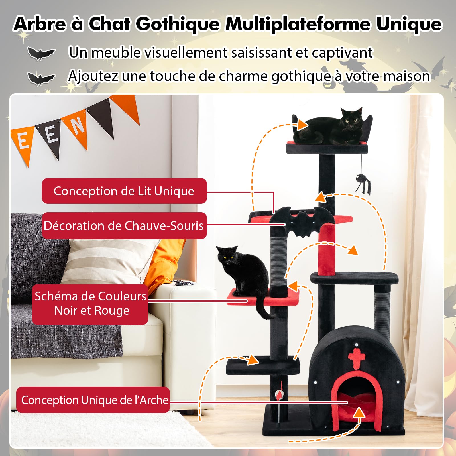 GOPLUS Arbre a Chat Style Gothique, Hauteur 133 CM, Arbre a Chat XXL à 6 Niveaux avec Poteaux à Gratter Sisal, Perchoir, Hamac, Niche Forme Coffin avec Coussin Amovible, Jouet Suspendu, Rouge et Noir