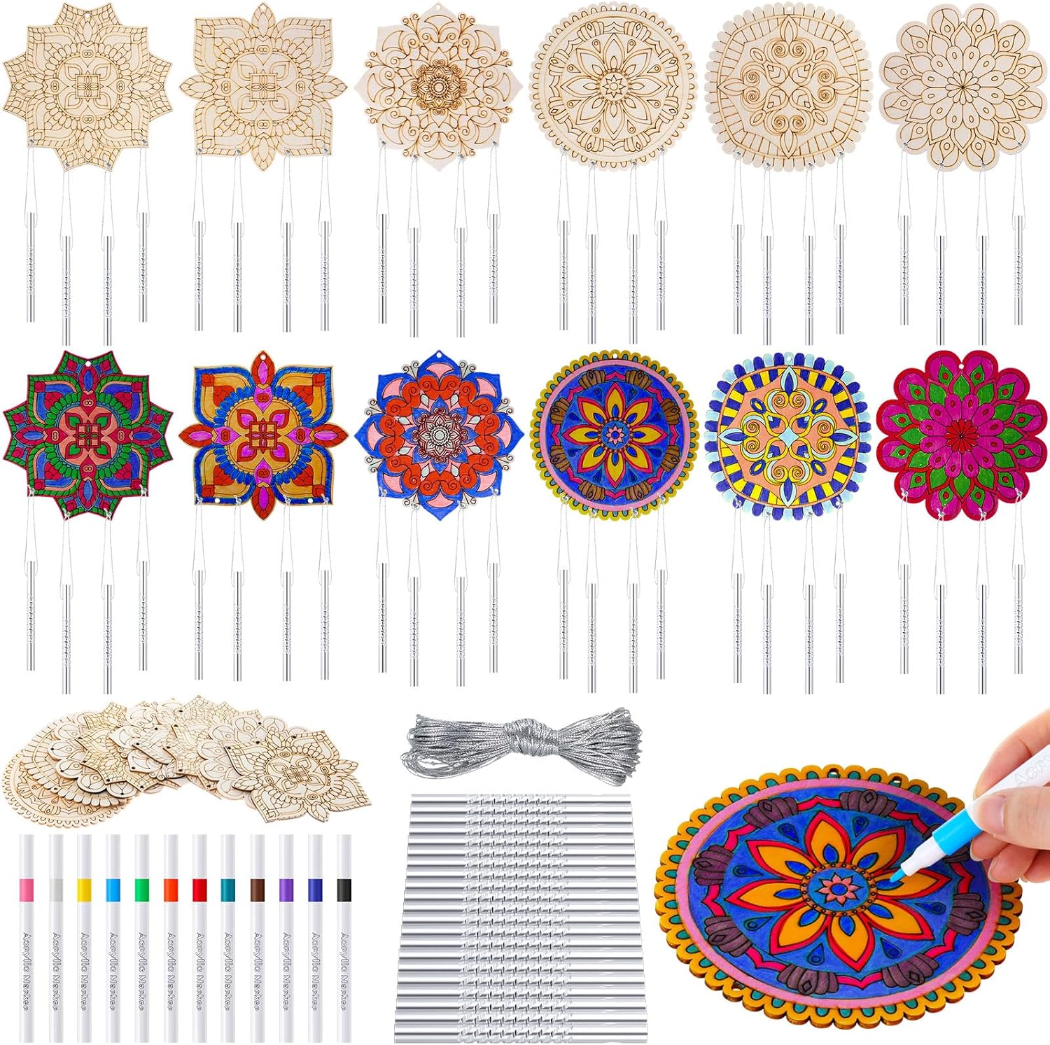 potchen 18 sets wind chimes craft art kit for adult color your own wind chime diy unfinished wood hanging ornaments coloring window chime for adult gifts home and back to school party supplies mandala
