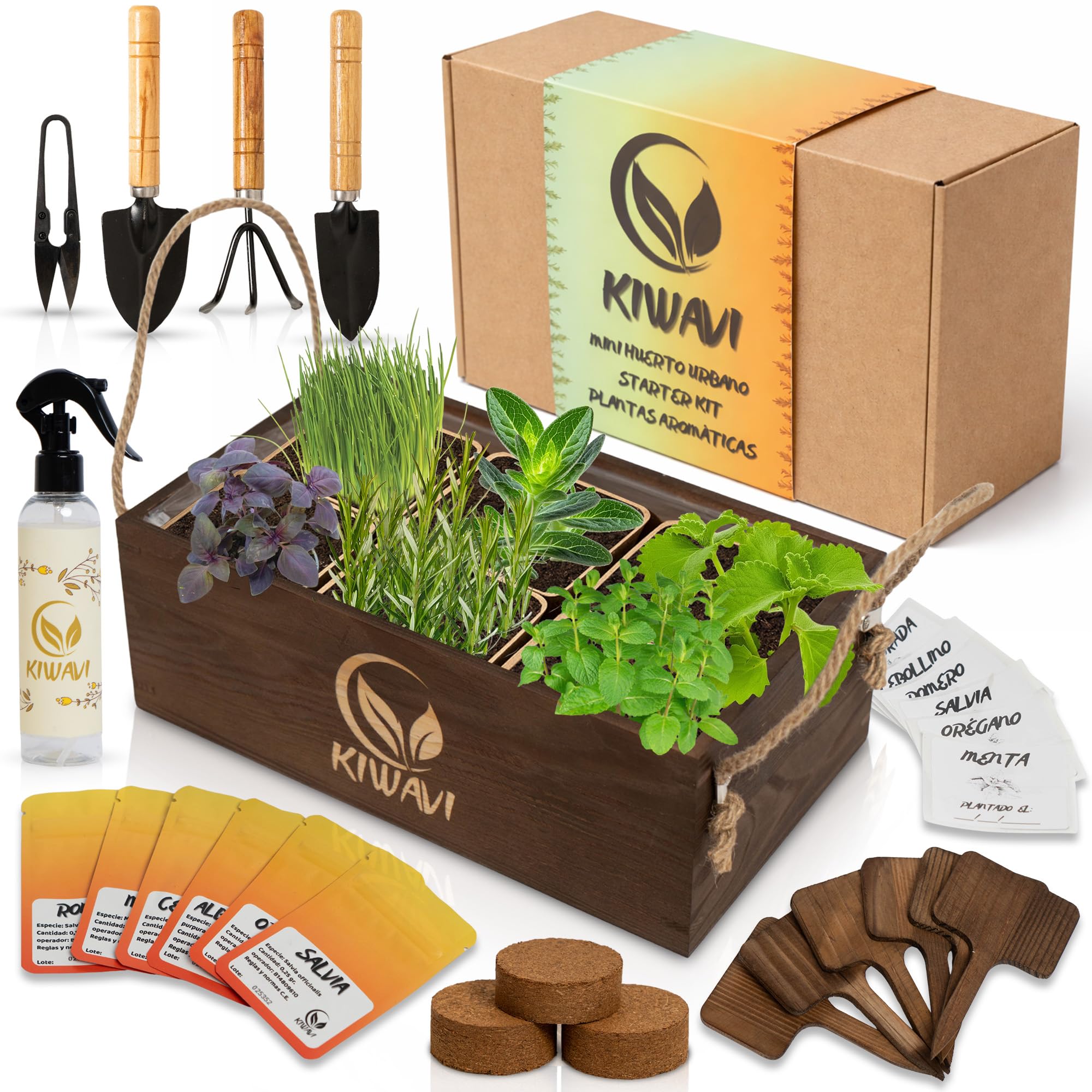 Kit de Cultivo de Plantas Aromáticas Culinarias - Mini Huerto Urbano para Interior con Romero, Menta, Albahaca Morada, Cebollino, Salvia y Orégano | Huerto en Casa