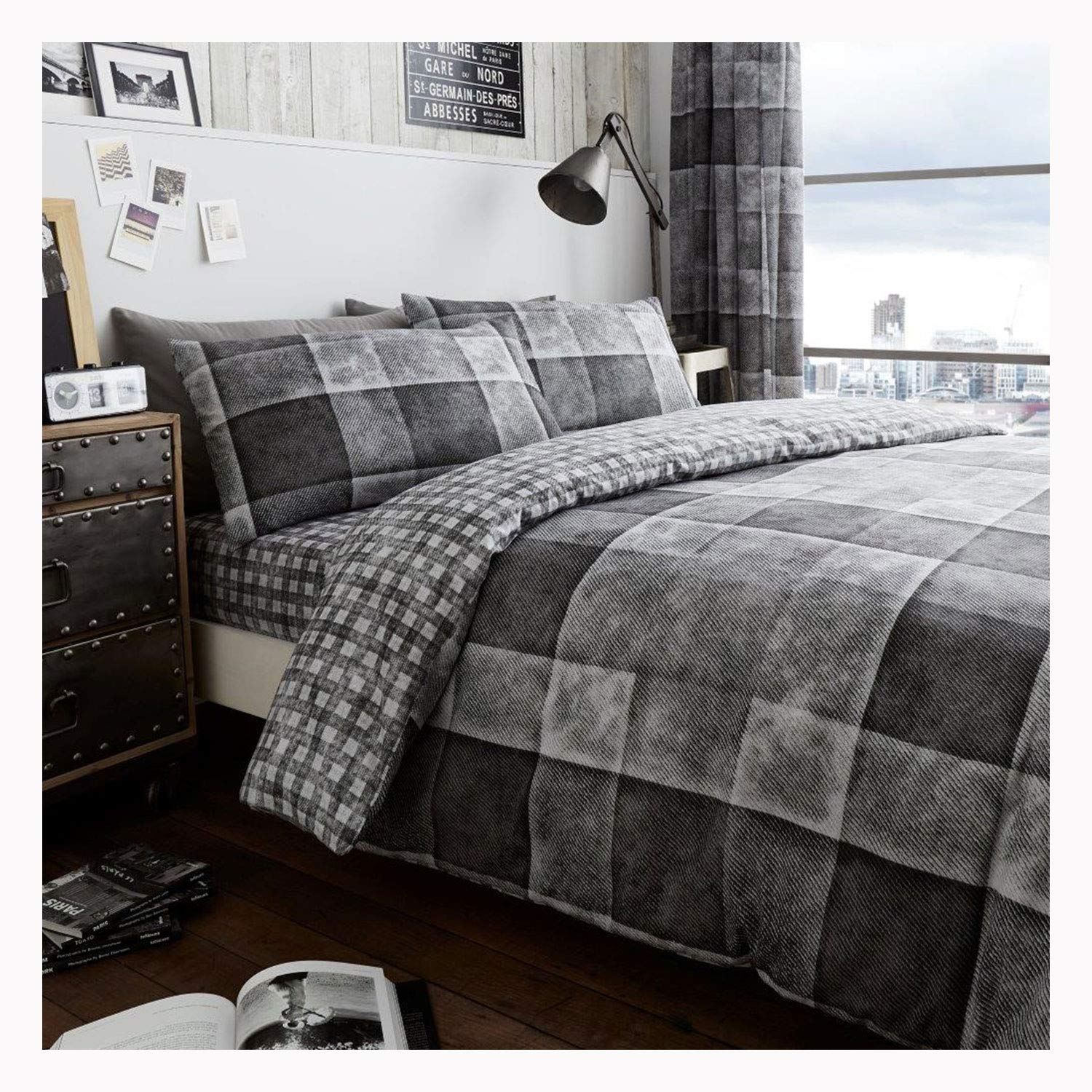 FAIRWAYUK Grey Check Striped Duvet Cover Set, Reversible Soft Bedding, 3 Piece Hypoallergenic Quilt Covers, Button Closure, King Size Bed, 230x220cm