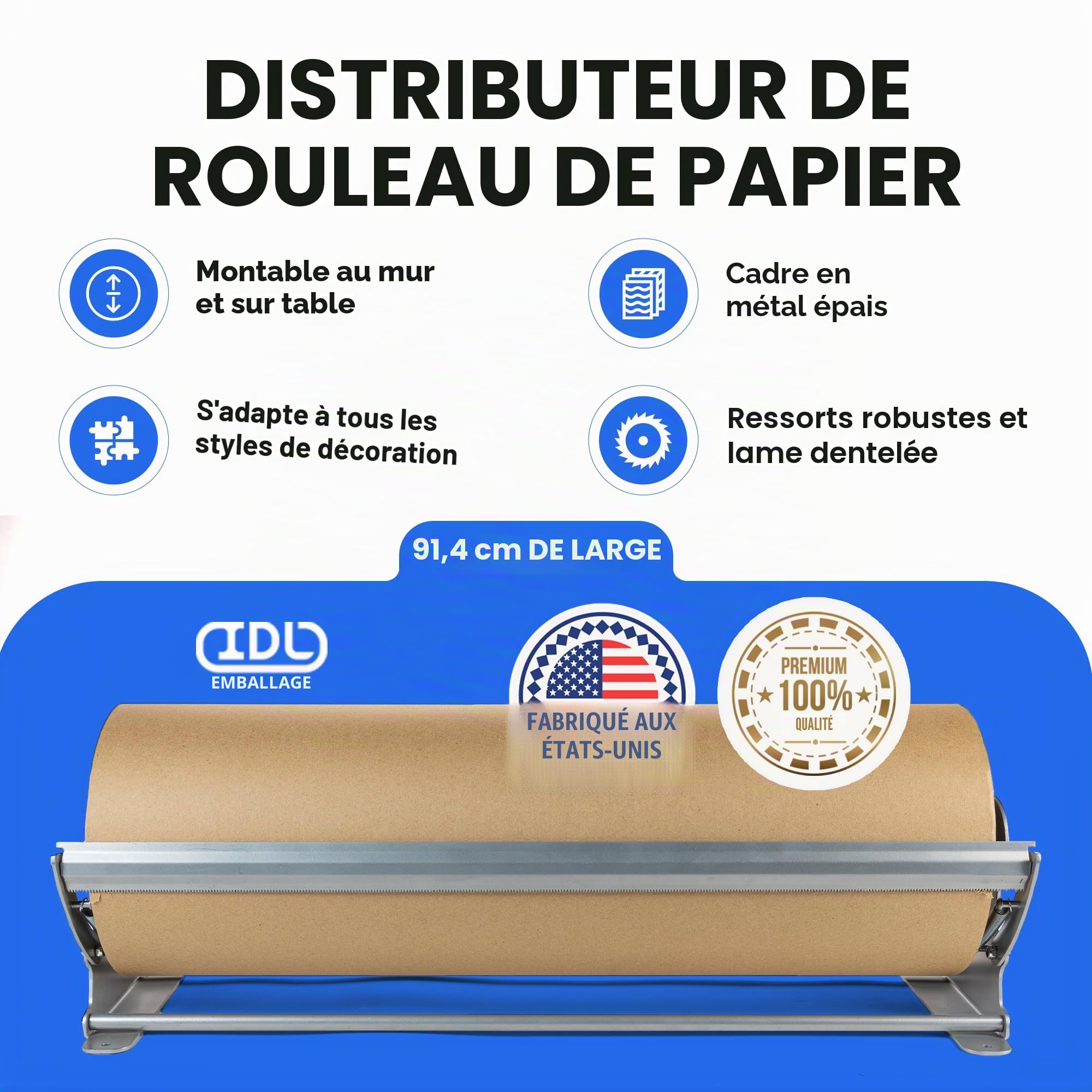 IDL Packaging Distributeur de rouleau de papier kraft de 91,4 cm et cutter pour rouleaux jusqu'à 91,4 cm de large et 22,9 cm de diamètre – Support de papier en acier renforcé avec cutter – Pour papier