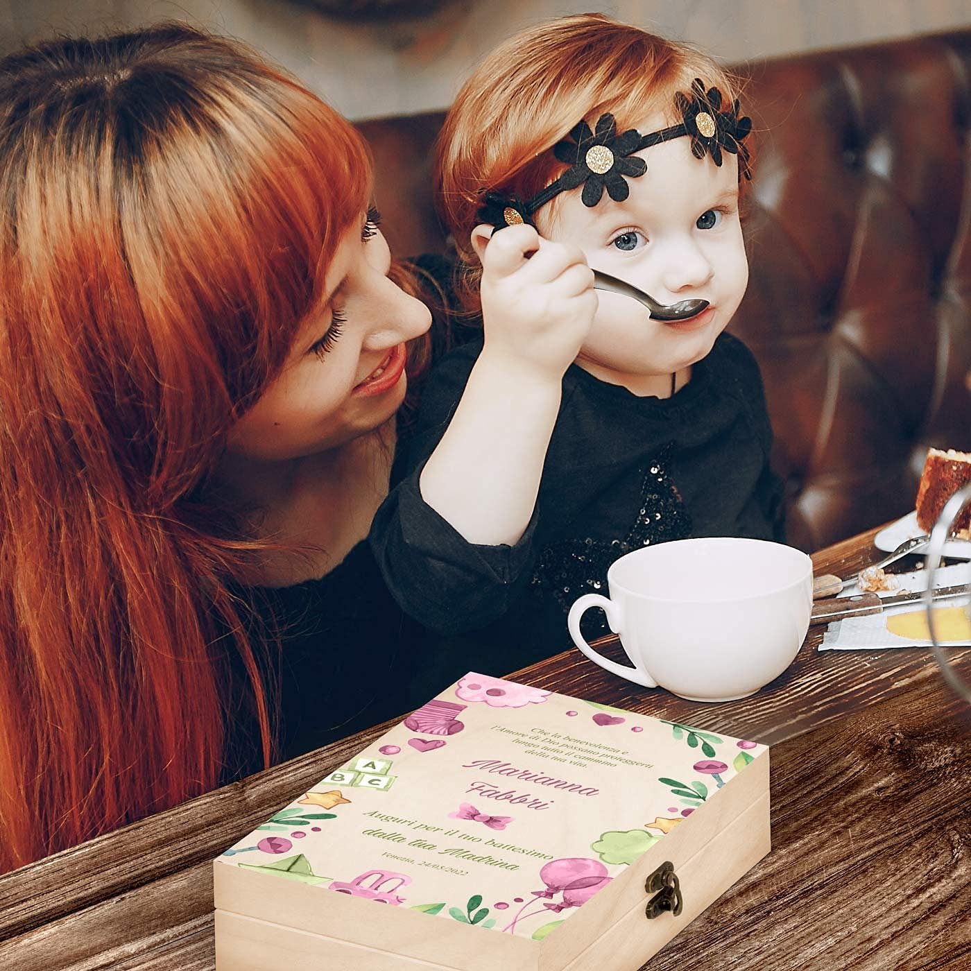 Maverton Set di 4 posate per bambini con incisione + scatola in legno con stampa personalizzata - motivo animali - idea regalo neonata femmina - decorazioni