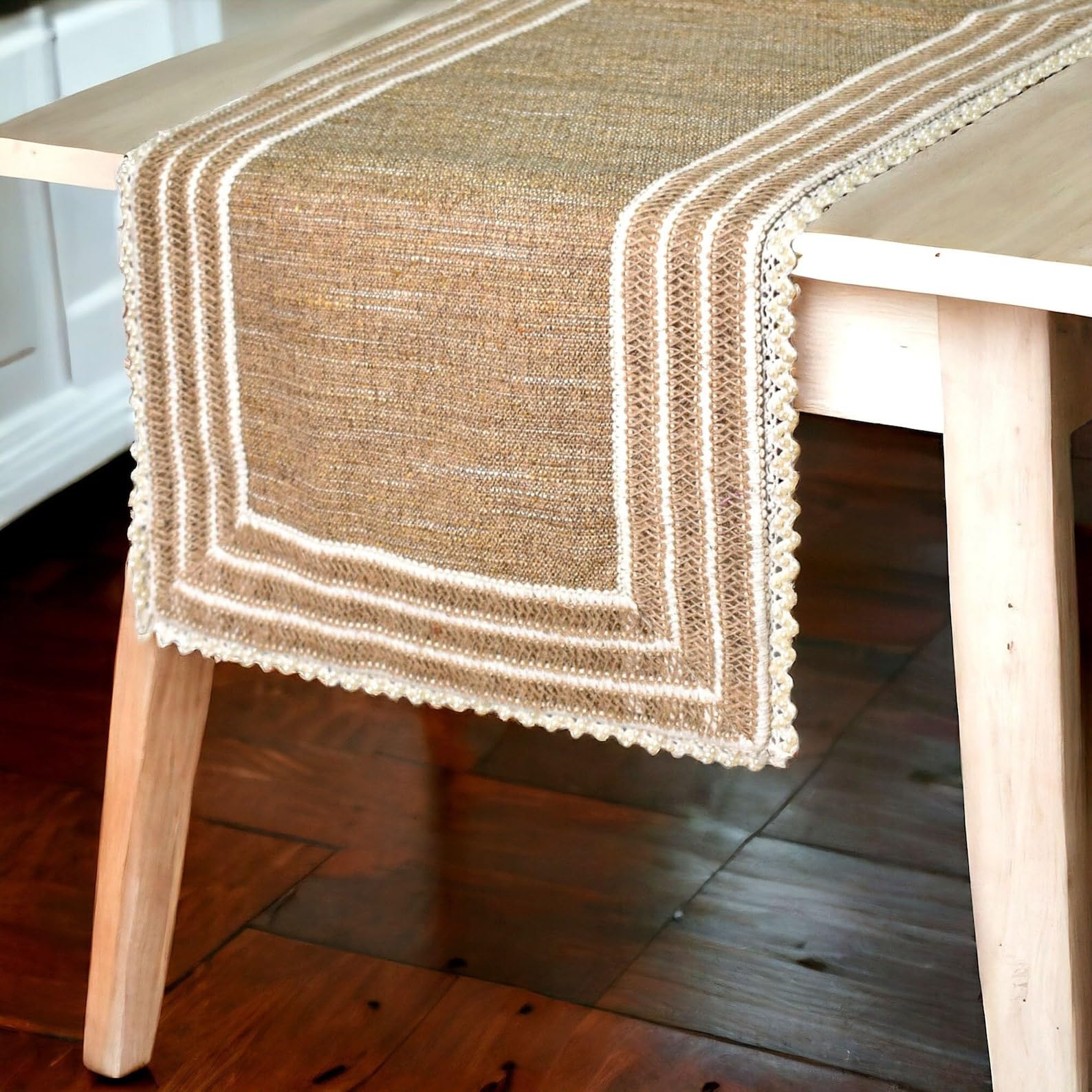 The HomeCentric Dekoracyjny Beżowy Bieżnik, 35 x 225 cm Juta Bieżnik, Koronka, juta, marokańska, boho, Solidny Bielizna stołowa, Współczesny Dekoracje ślubne - Jute Table Charm