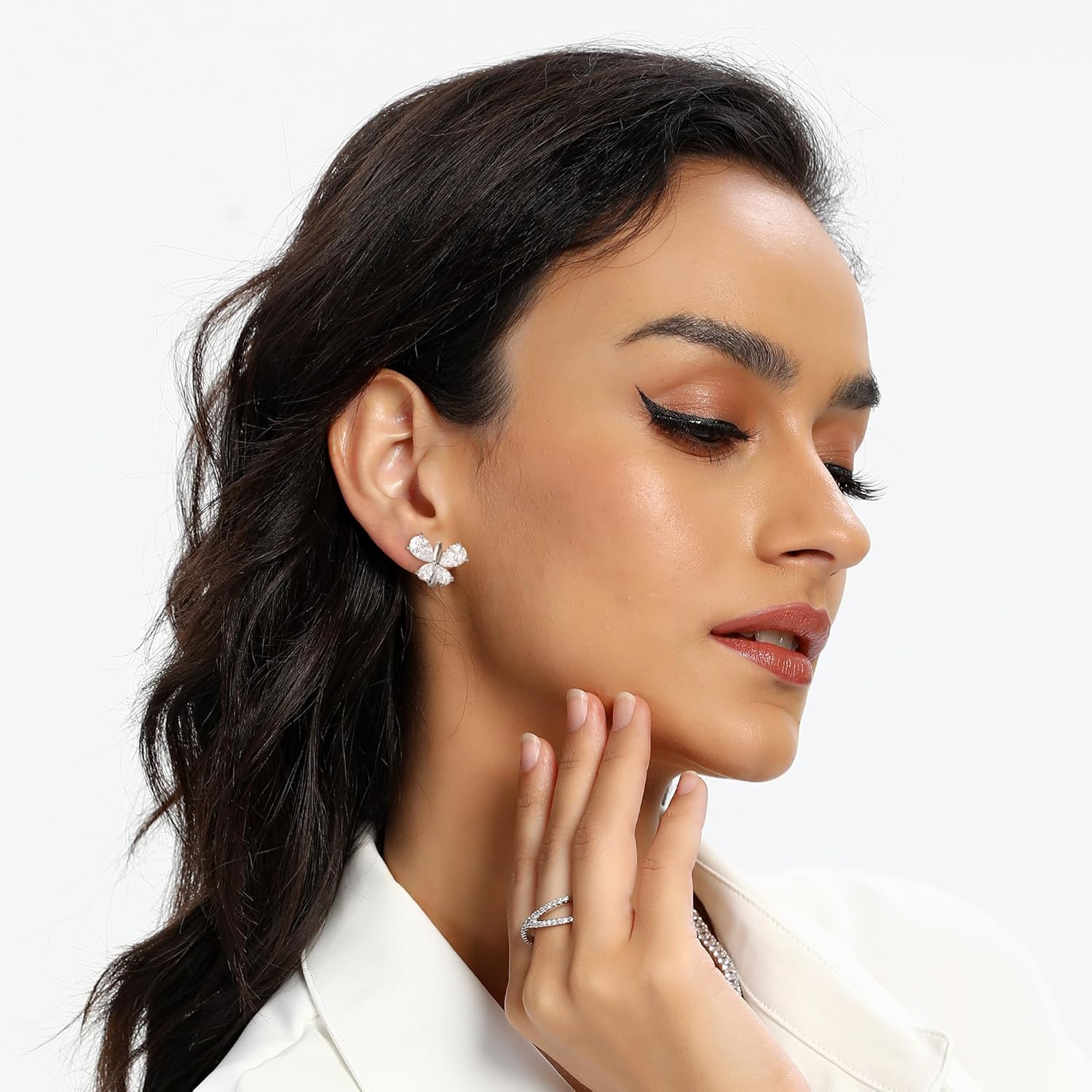 MDFUN Butterfly Earrings 18K White Gold Plated CZ Stud Earrings for Women Teardrop Cubic Zirconia Earrings Jewelry Gift - Image 2