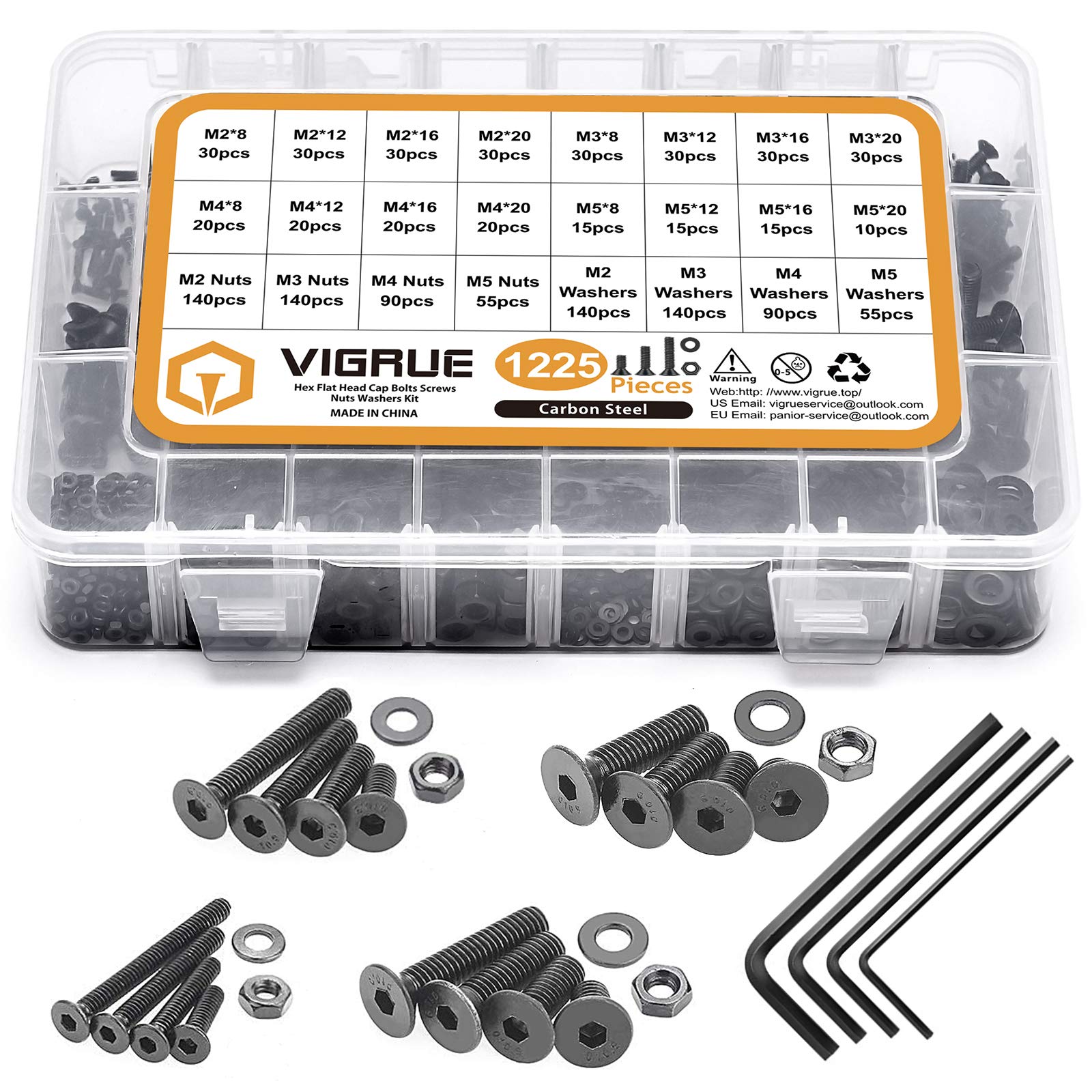 VIGRUE1225 Pieces M2 M3 M4 M5 Flat Head Socket Cap Screws Alloy Steel Cap Bolts Nuts Washers Assortment Kit, Allen Socket Drive with 4Pcs Hex Wrenches