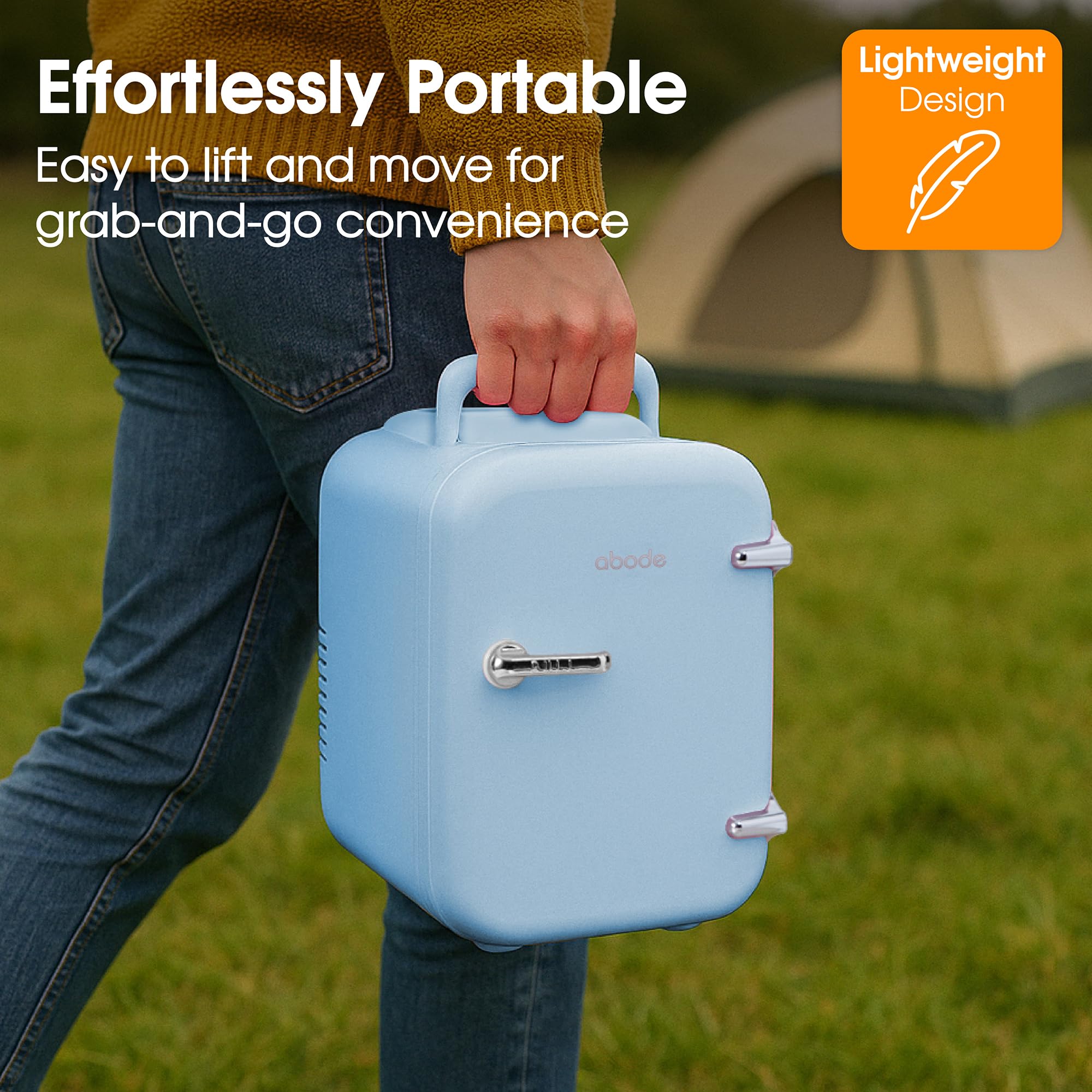 Abode Blue Mini Fridge A4CLR201BL 4L/6 Can Portable Thermoelectric Mini Cooler & Warmer for Drinks, Cosmetics/Makeup/Skincare, AC/DC Power, Retro Style, For Bedroom, Home, Caravan, Car — view 8