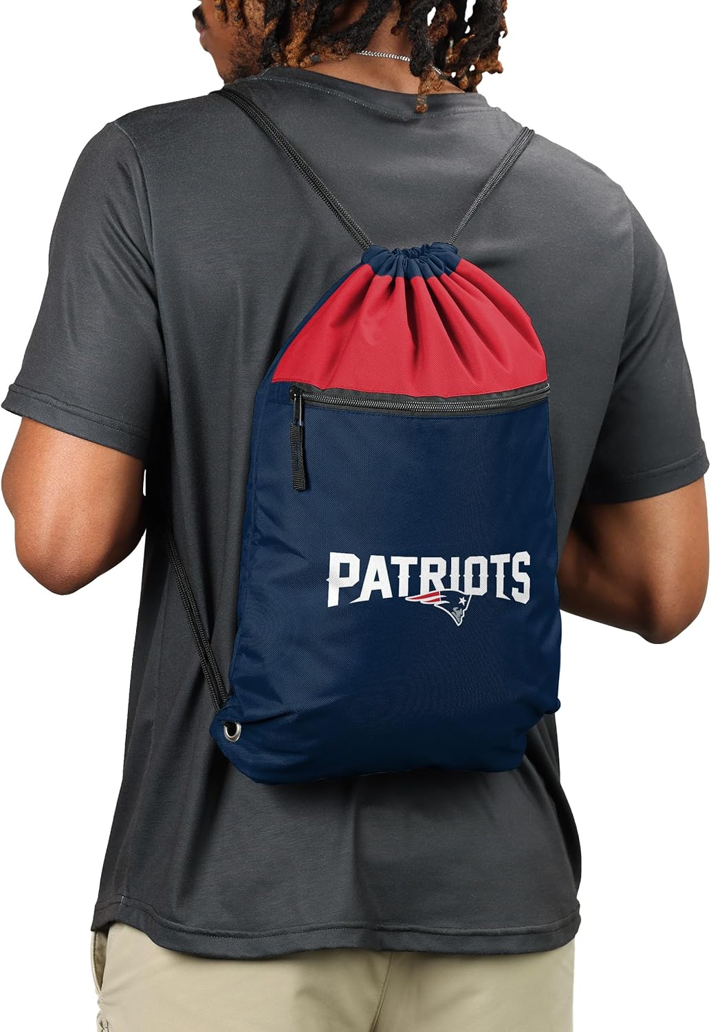 FOCO NFL Officially Licensed Unisex Team Color Football Primary Logo Wordmark Drawstring Backpack With Zippered Pocket - New England Patriots - Image 3