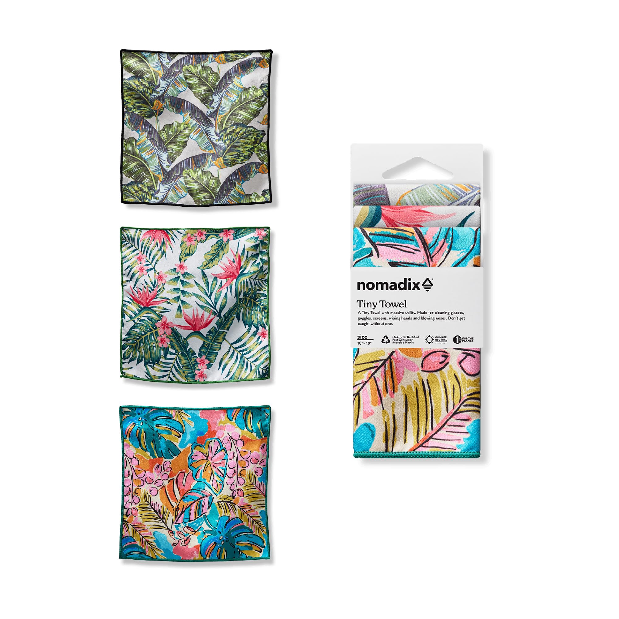 Nomadix Tiny Towel 3-Pack - Perfect for Cleaning Glasses, Goggles, Screens, Travel, Hiking - Made with Recycled Materials - Super Absorbent - Quick-Dry - Odor-Resistant - 10x10 (Florals)