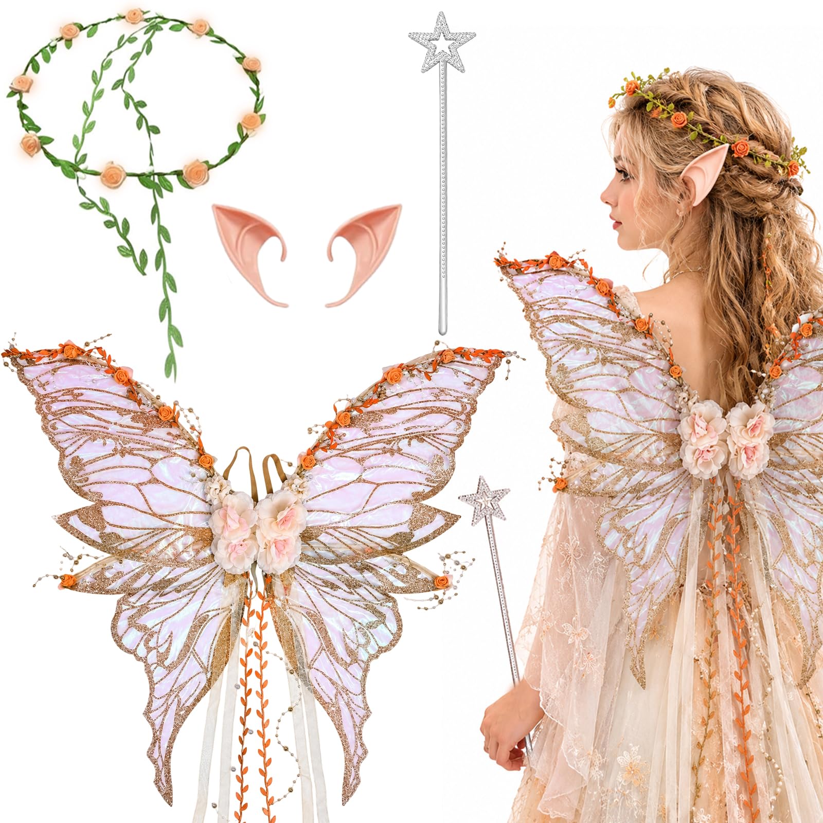 XazNvc Fairy Wings, 4PCS Angel Costume Accessories, Butterfly Wings Adults, Sparkling Sheer Wings with Flower Headband, Gold Wings Cosplay Set for Halloween Party Cosplay(Gold)