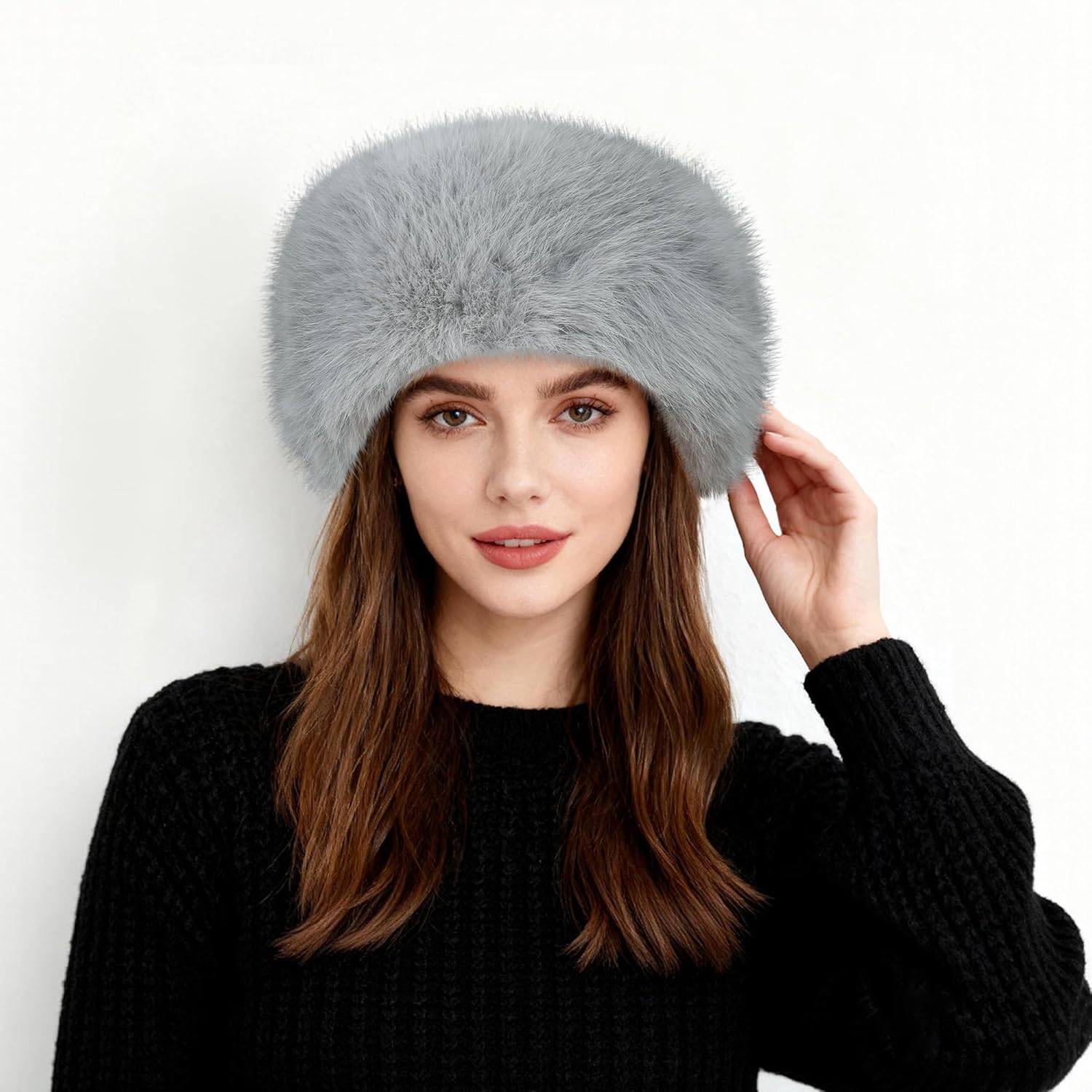 HH HOFNEN Faux Fur Headband for Women Winter Fur Hat with Stretch Ear Warmer Earmuff Grey - Image 3