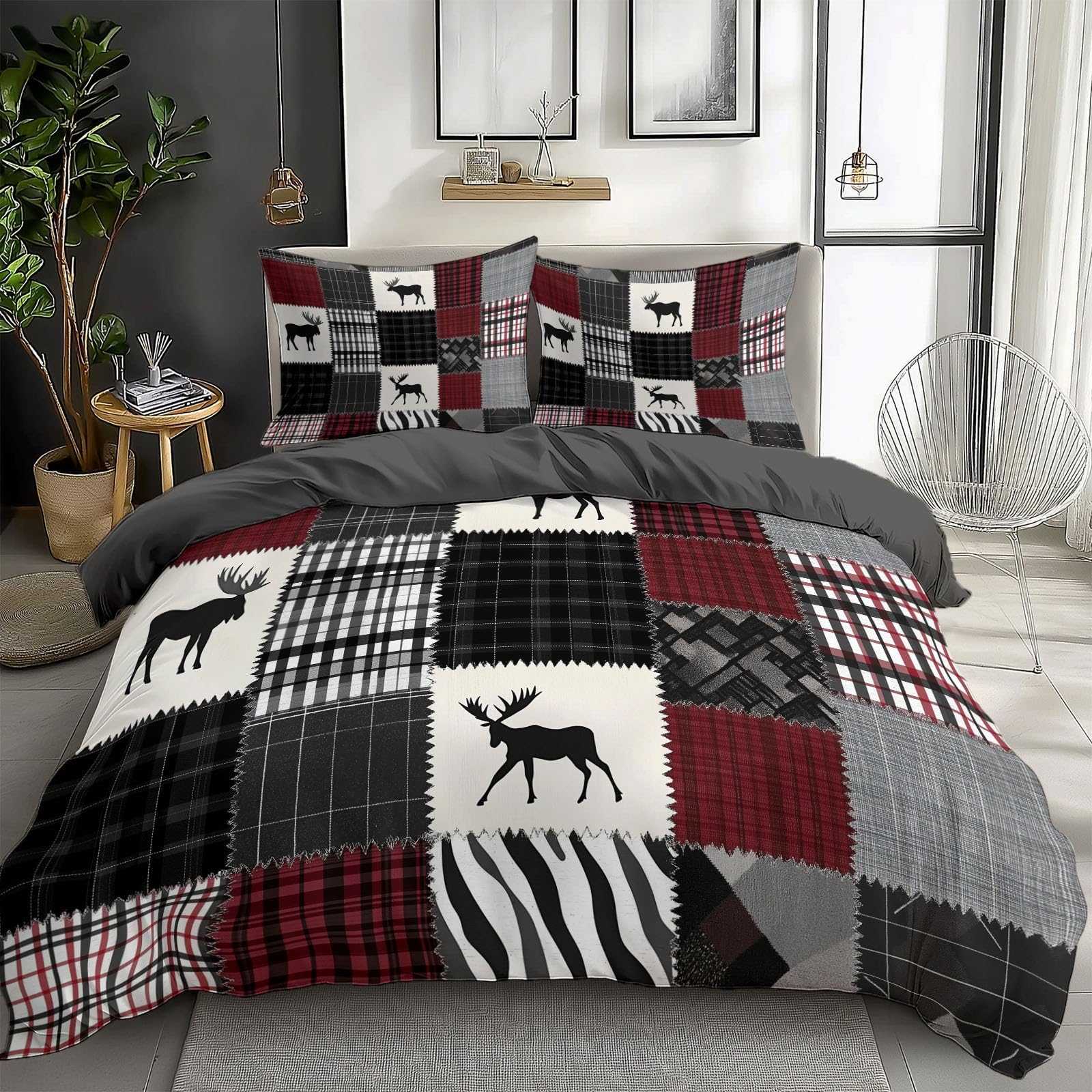 Duvet Cover King Size Animal Moose Puzzle Reversible 3 Pieces Duvet Cover Set, Bedding Set for All Season, Soft and Breathable Bedding Set with Zipper Closure