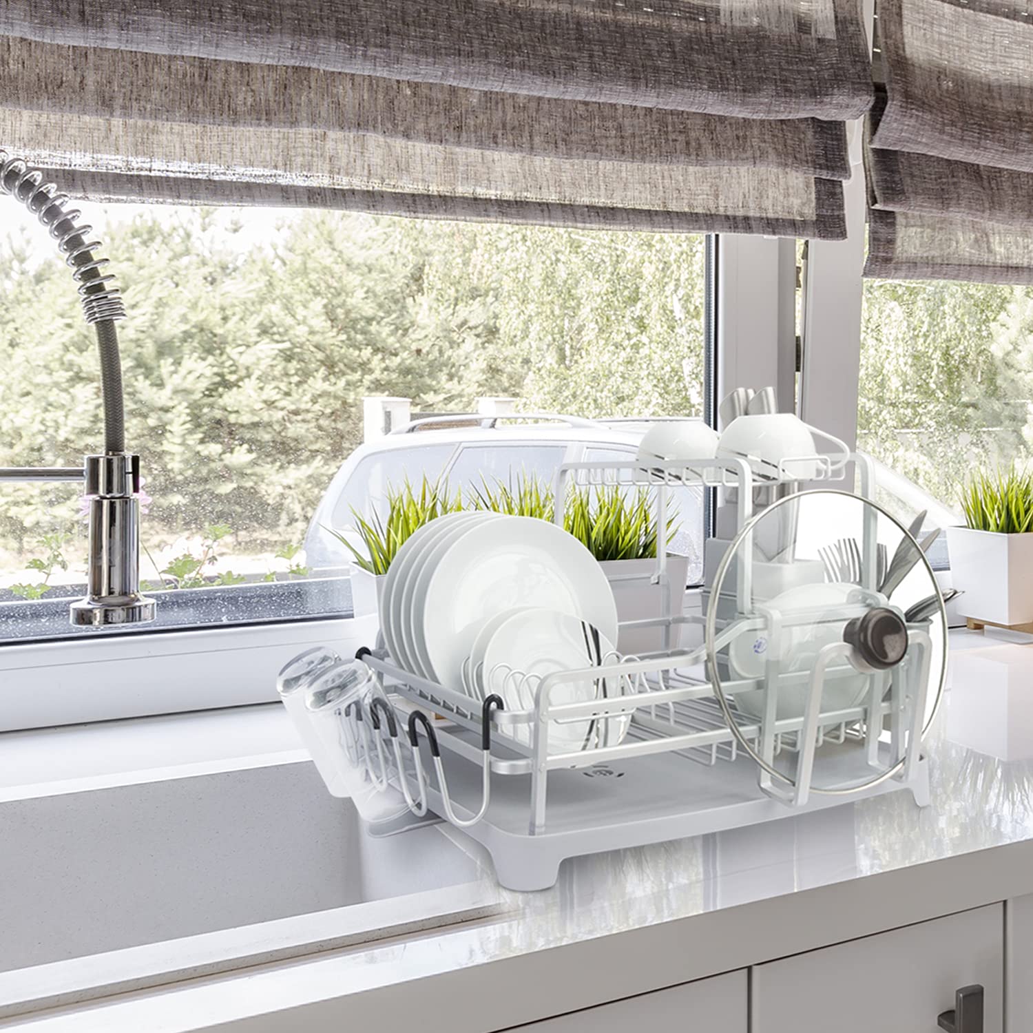 Evelyne Aluminum Kitchen Dish Drying Rack with Utensil Holder